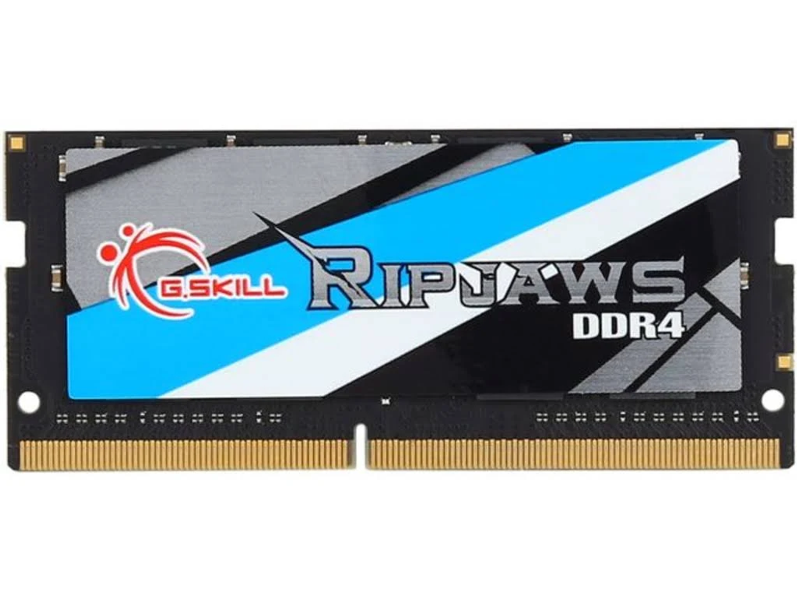 Kość RAM z niebieskim i czarnym wzorem. Marka: G.SKILL RIPJAWS DDR4. Białe tło.
