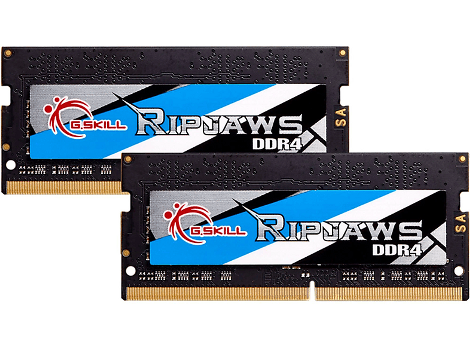 Dwa czarne moduły RAM G.Skill Ripjaws DDR4 z niebiesko-białymi akcentami.