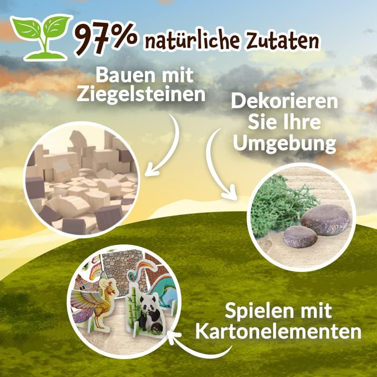 Bild zeigt Spielelemente und den Text '97% natürliche Zutaten'.