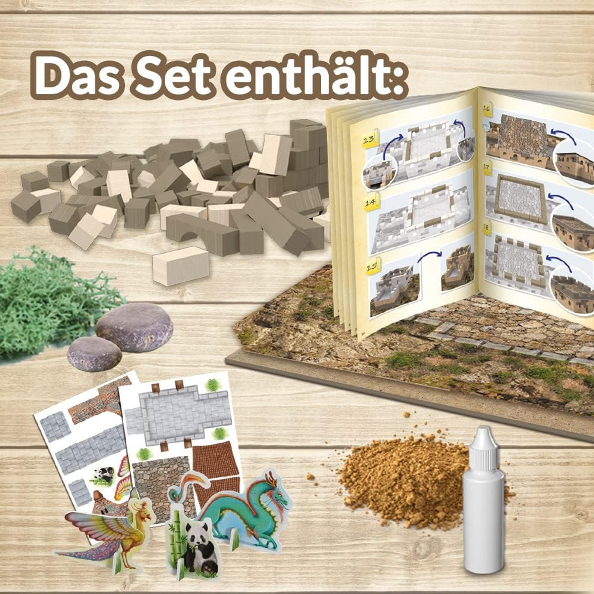 Set mit Modellbauteilen, einschließlich Anleitungen und Figuren.