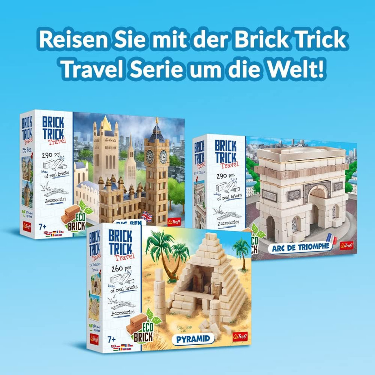 Brick Trick Travel Serie-Boxen mit verschiedenen Gebäudemodellen: Big Ben, Pyramide und Arc.