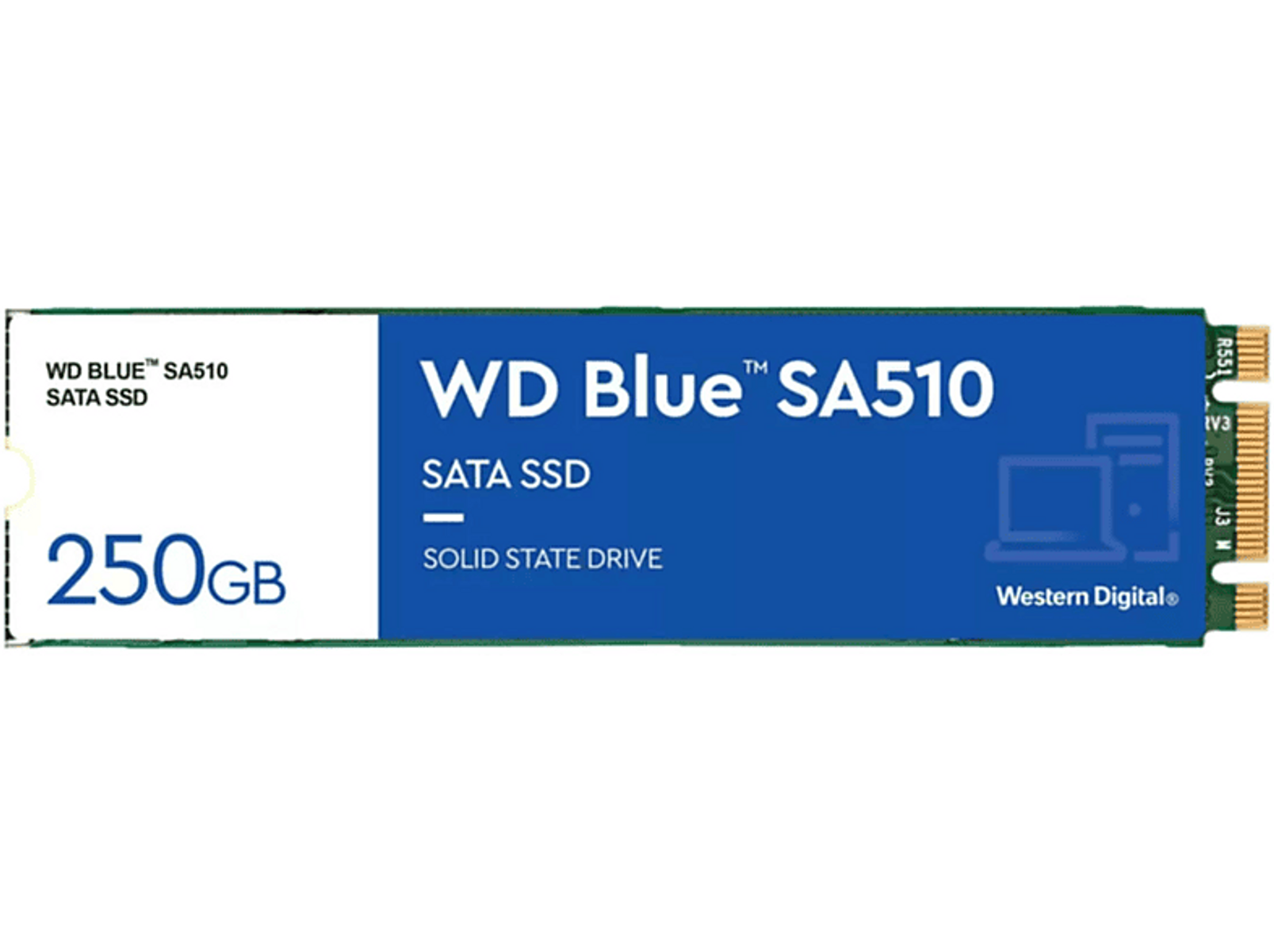 Dysk SSD WD Blue SA510. Niebieska etykieta, biały tekst. 250 GB. Białe tło.