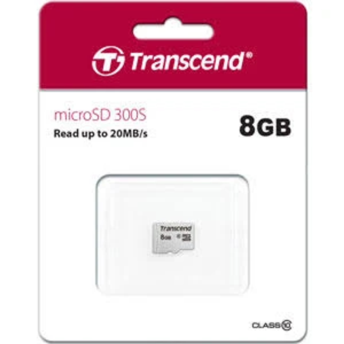 Transcend microSD-Karte in Verpackung, markiert mit 8GB und dem Text 'Read up to 20MB/s'.