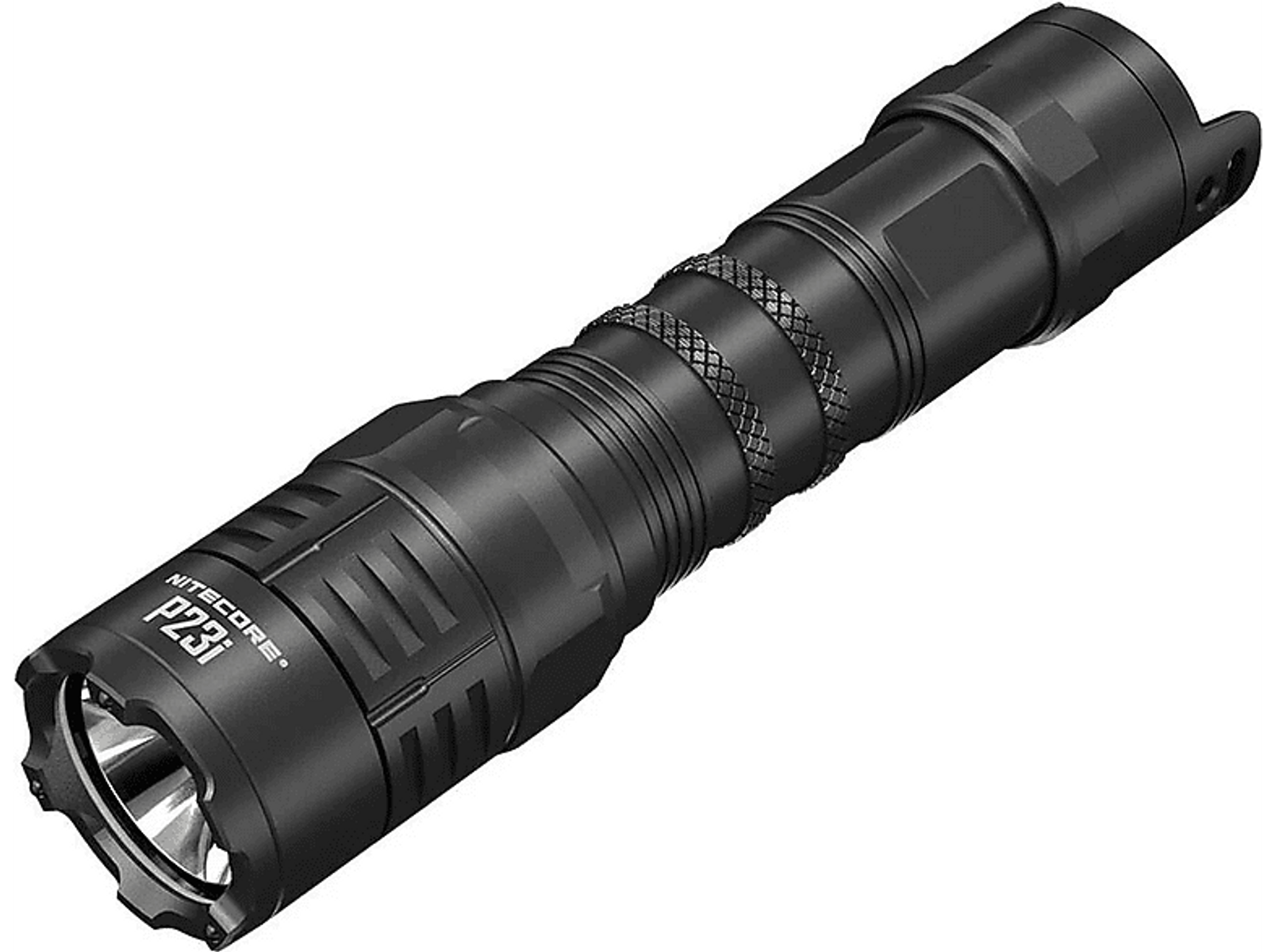 Czarna latarka ze srebrnymi akcentami, cylindrycznym kształtem i teksturowanym uchwytem.