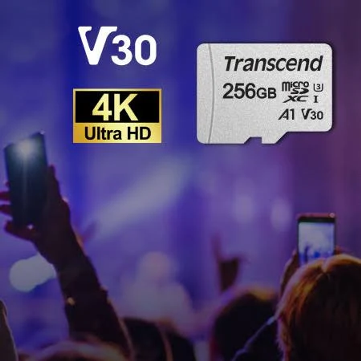 Transcend 256GB Micro-SD-Karte mit 4K Ultra HD und V30 Logos, gehalten von einer Hand.