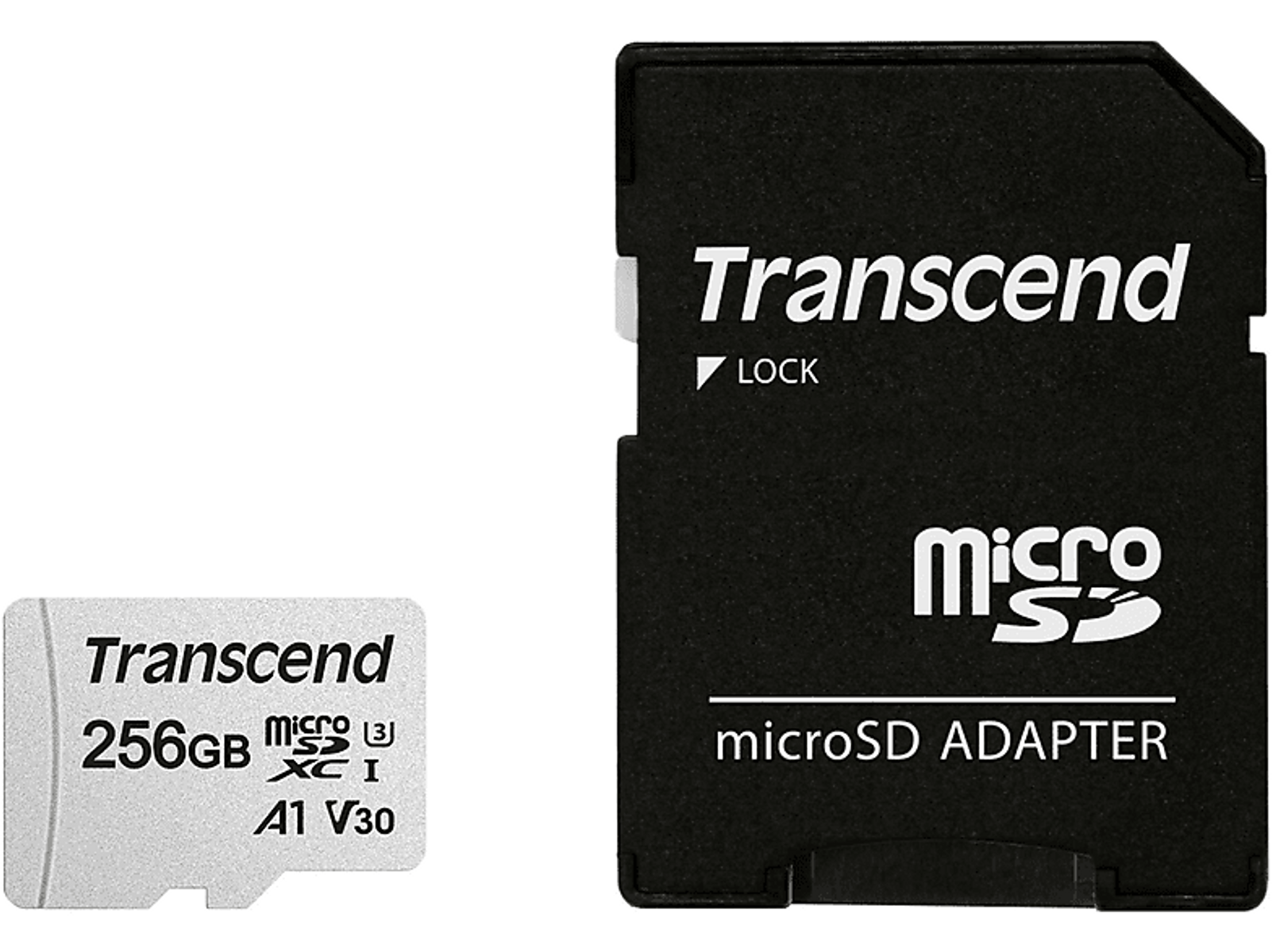 Eine 256GB microSD-Karte mit Adapter. Die Karte ist schwarz und weiß. Der Adapter ist schwarz.