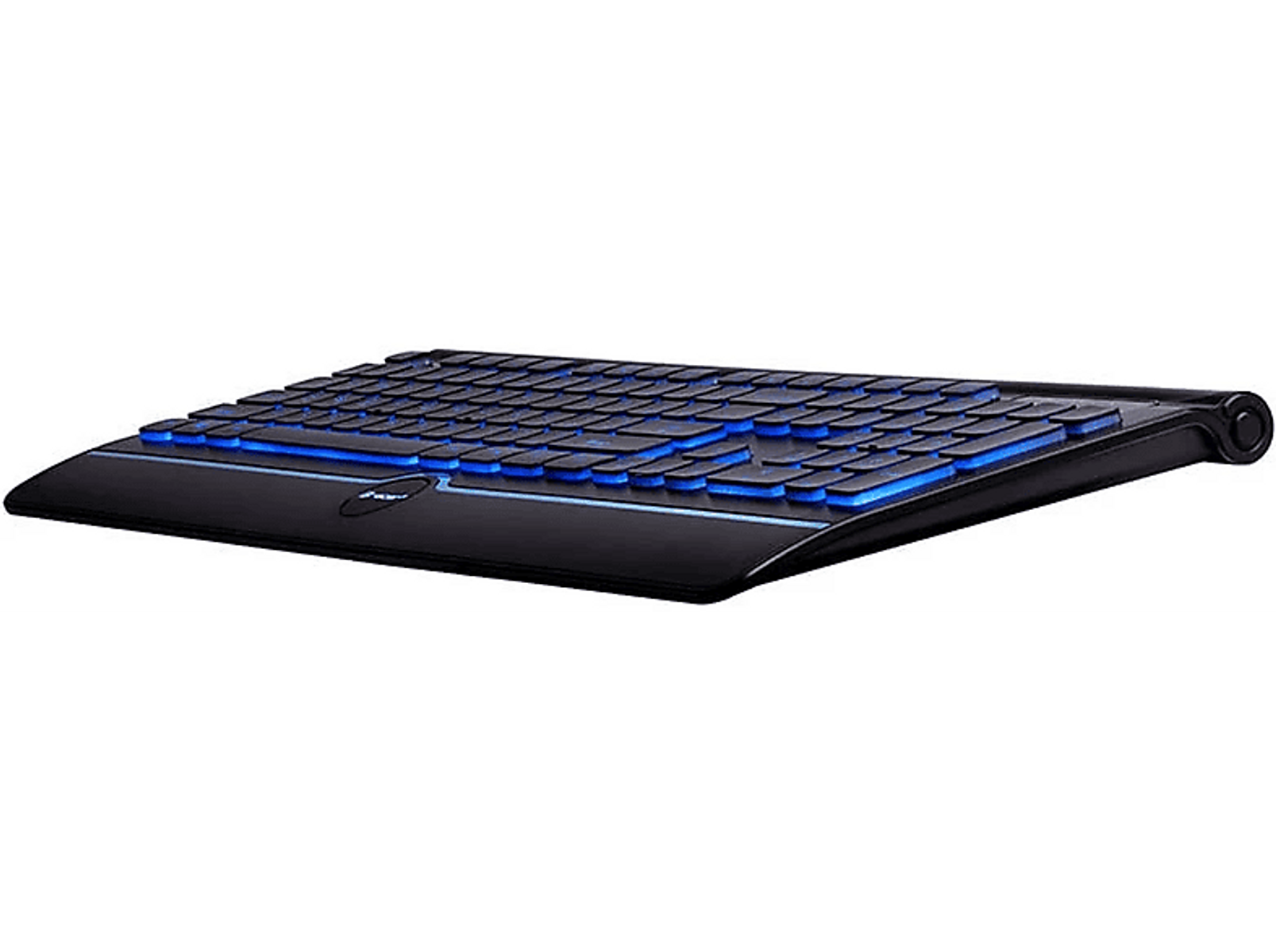 Czarna klawiatura niskoprofilowa z niebieskim podświetleniem. Klawisze są czarne.
