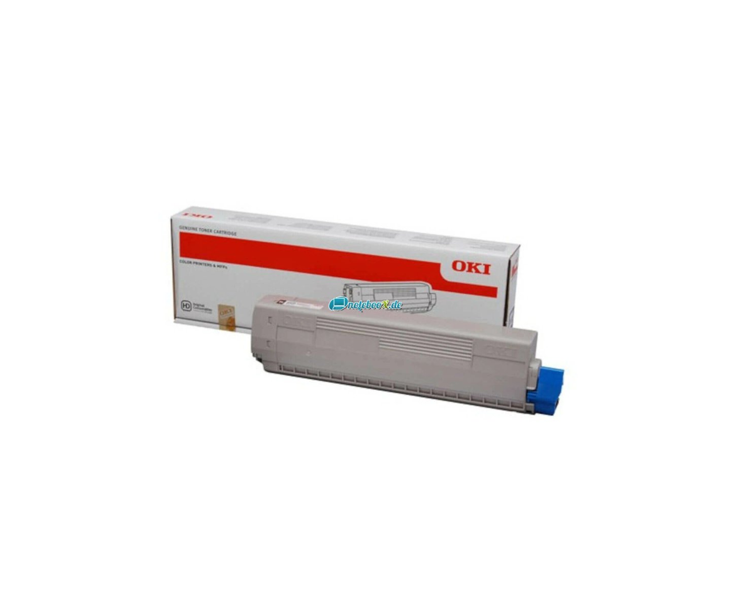 Wkład z tonerem z pudełkiem z tyłu. Wkład jest szary i niebieski.