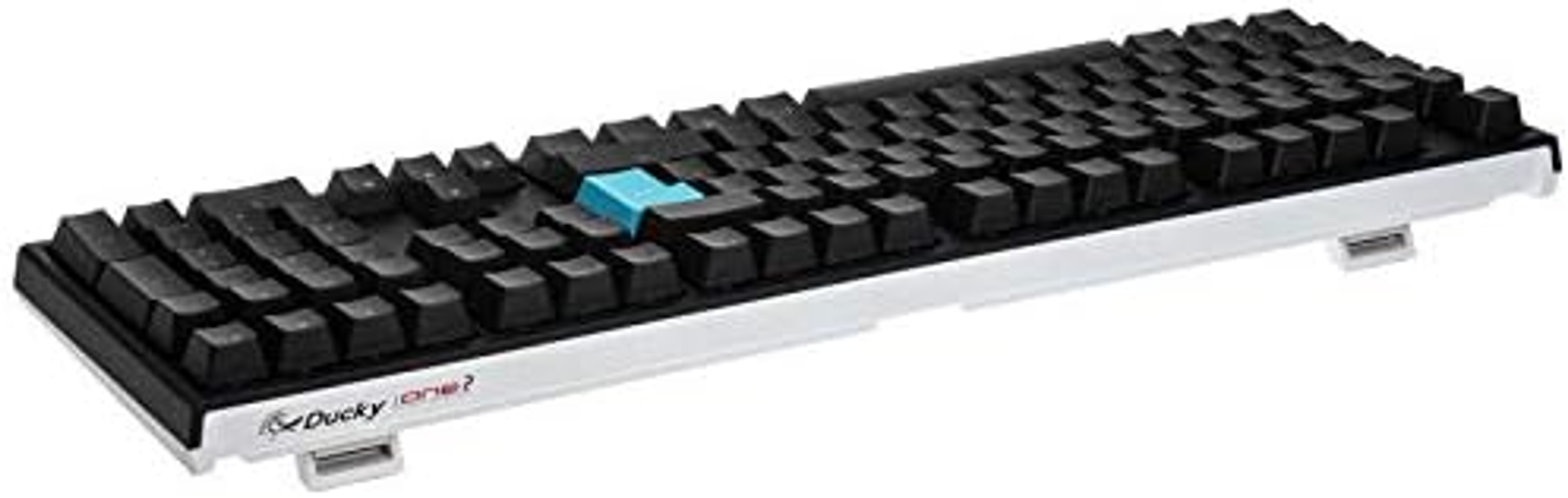 Czarno-biała klawiatura mechaniczna z niebieskim klawiszem Escape.