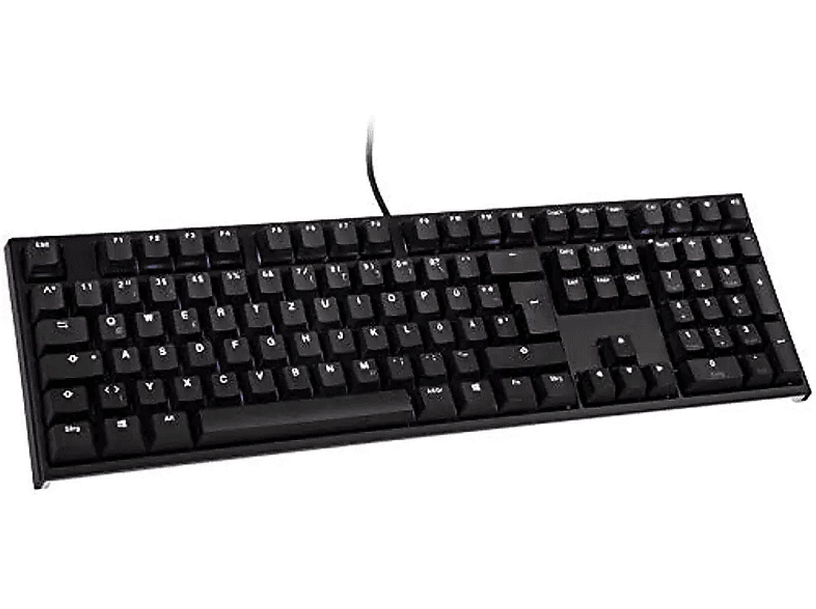 Czarna klawiatura z białymi literami na klawiszach. Kabel wychodzi z góry.