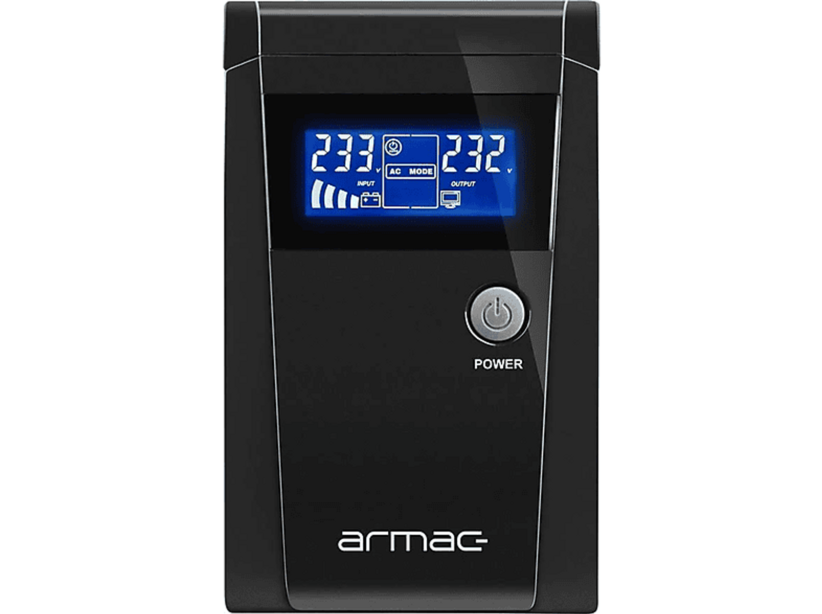 Czarny zasilacz awaryjny Armac z niebieskim wyświetlaczem pokazującym napięcie wejściowe i wyjściowe oraz tryb AC.