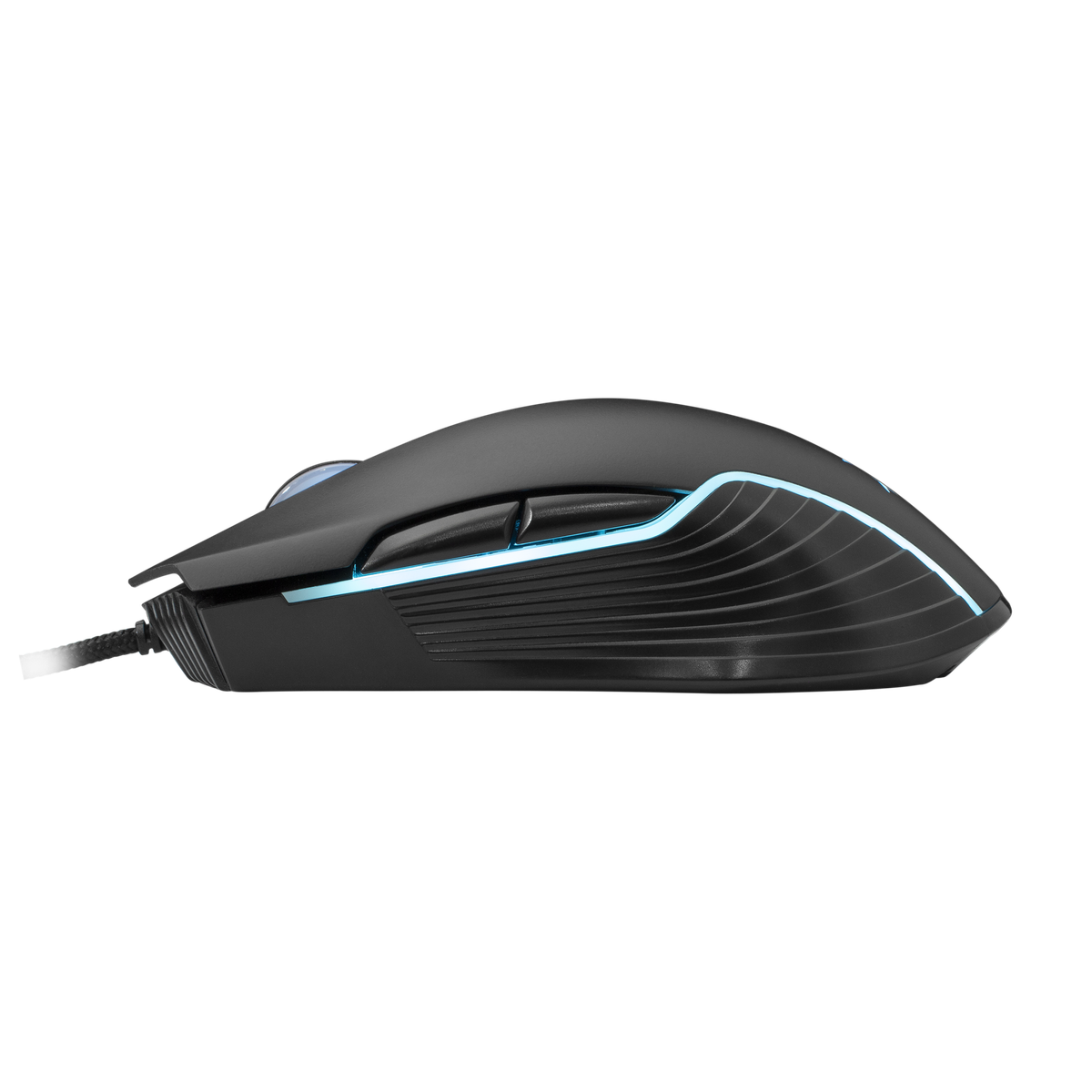 Un mouse da gioco nero con luci a LED blu sul lato e un cavo, il mouse è su sfondo nero.