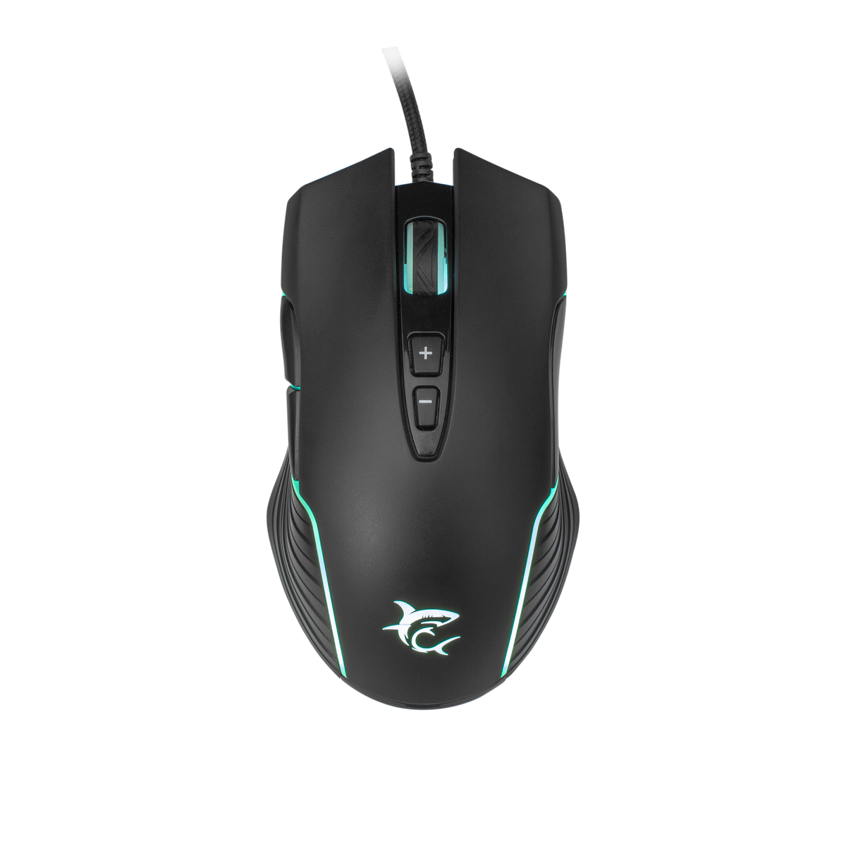 Mouse da gioco nero con logo di squalo e luci colorate. Ha pulsanti e una rotella di scorrimento.
