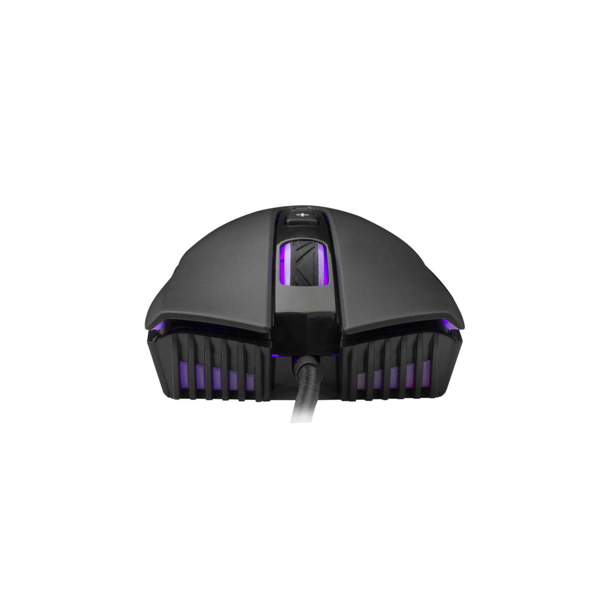 Mouse da gioco nero con luci viola e cavo, su sfondo nero.