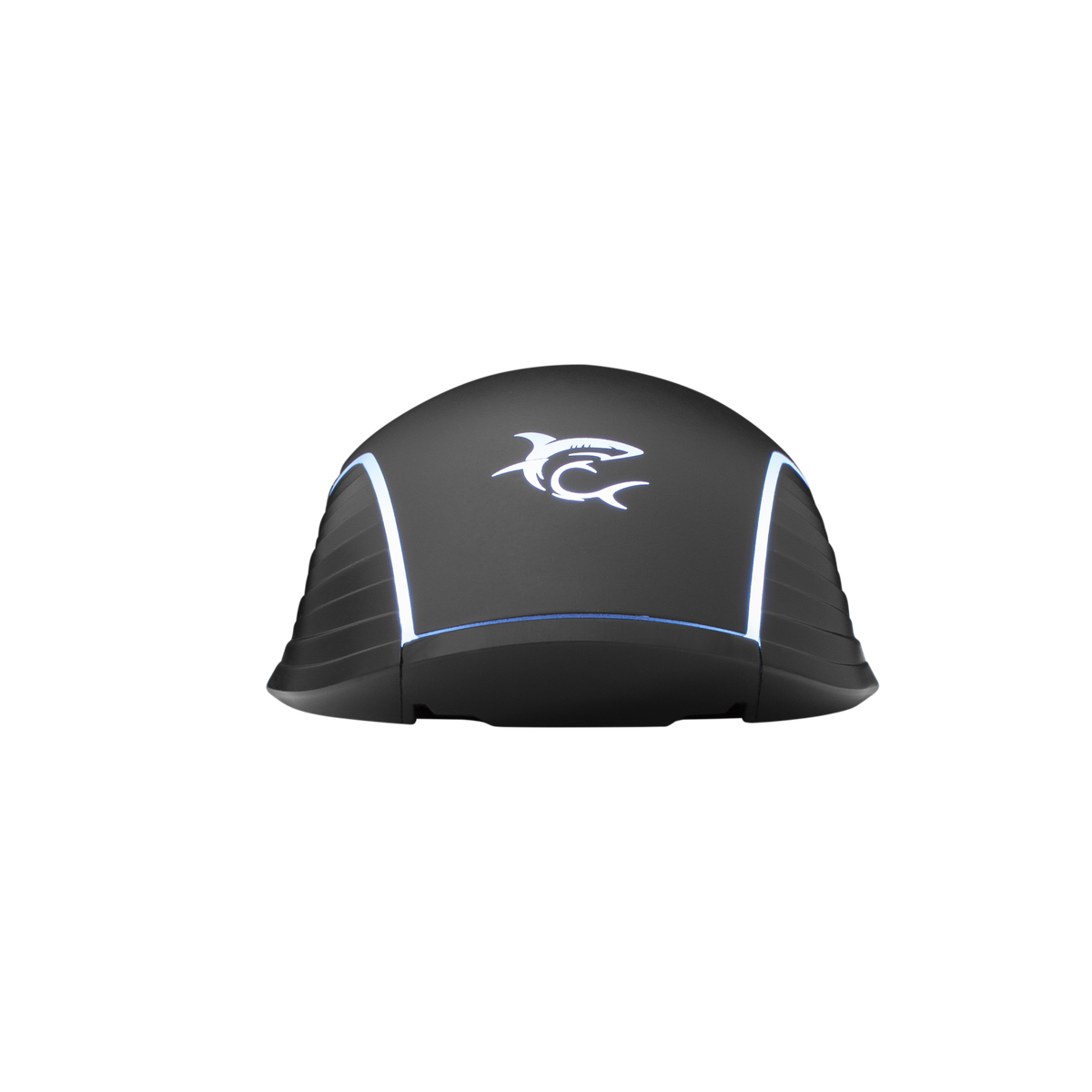 Mouse da gaming nero, logo squalo, illuminazione blu ai lati.