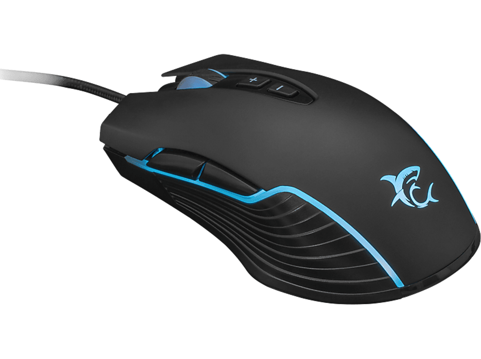Mouse da gioco nero con luci blu, un cavo e il logo Sharkoon.