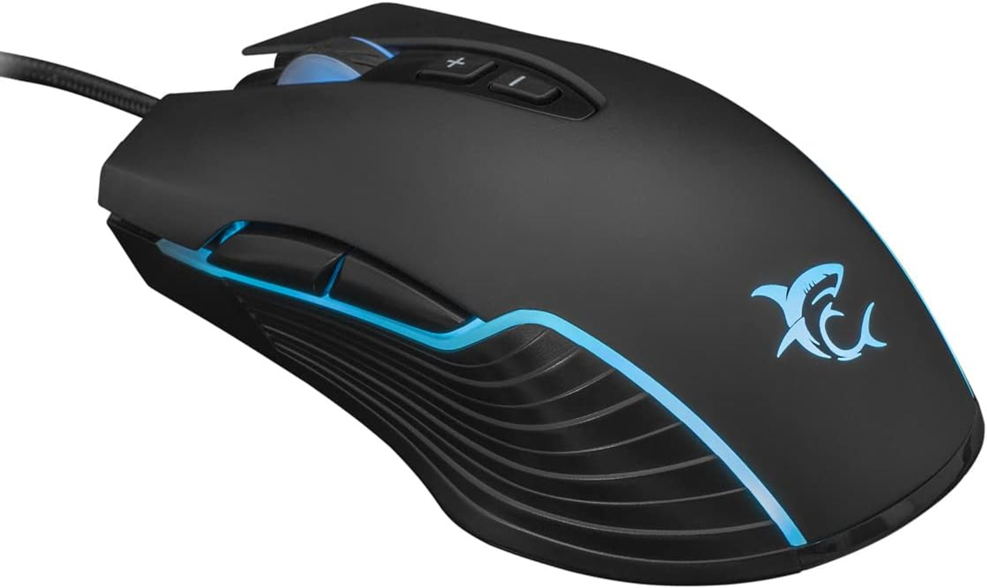 Mouse da gaming nero con luci blu e logo squalo su sfondo bianco.