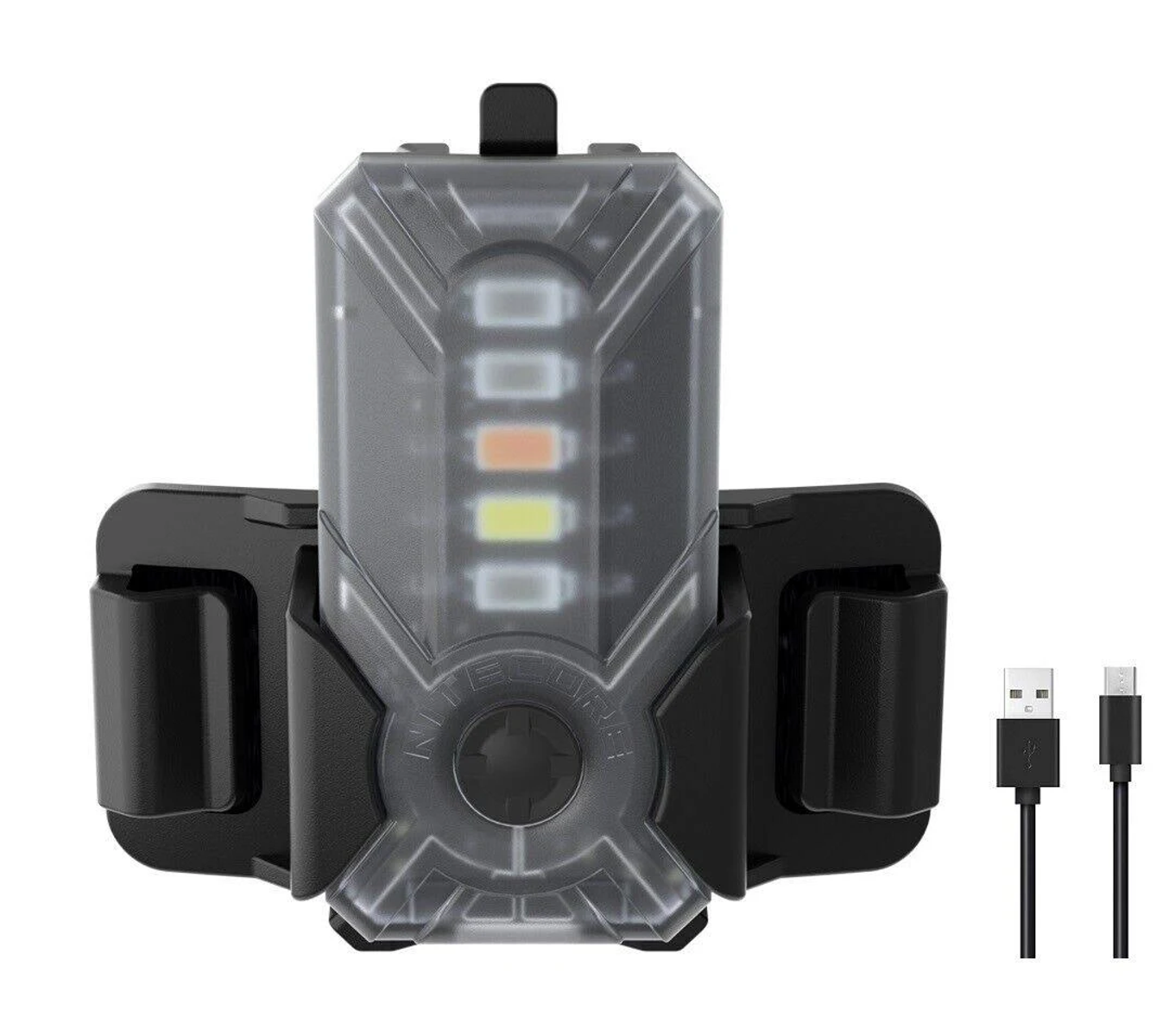 Schwarzes Licht mit USB-Anschlüssen und weiß-oranger Anzeige.