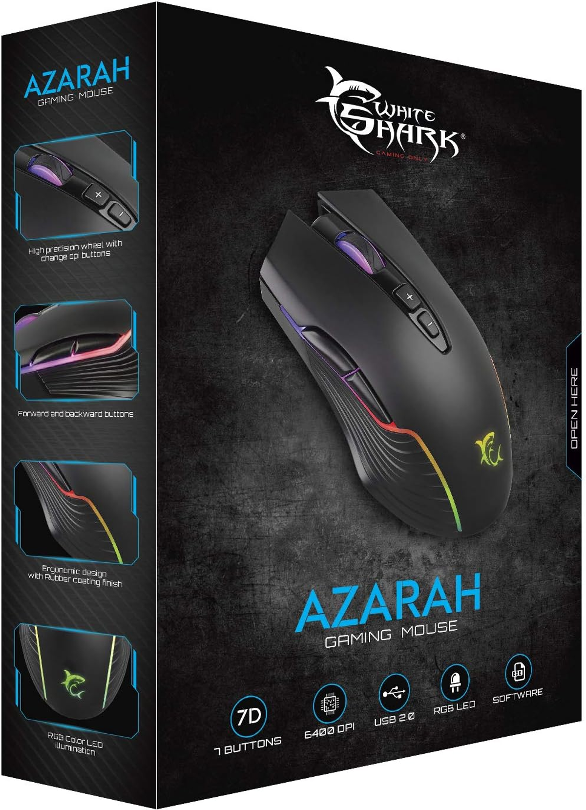 Mouse da gaming Azarah. Nero con illuminazione RGB. Scatola mostra dettagli e funzioni del mouse.