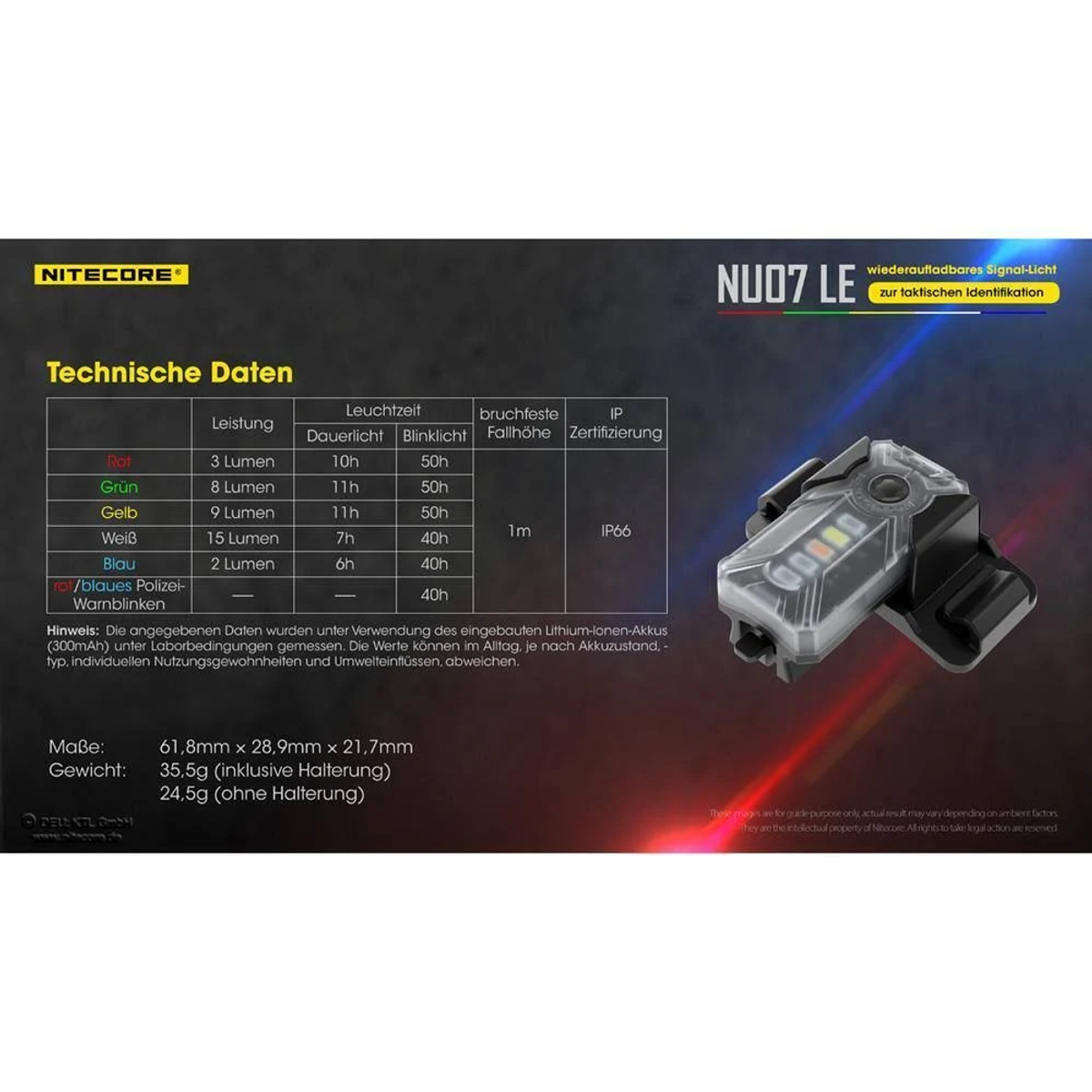 Nitecore NU07 LE Stirnlampe mit Datentabelle und technischen Details.