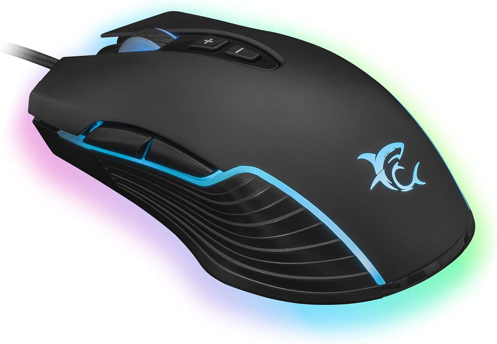 Mouse da gaming nero con illuminazione RGB e logo di uno squalo.