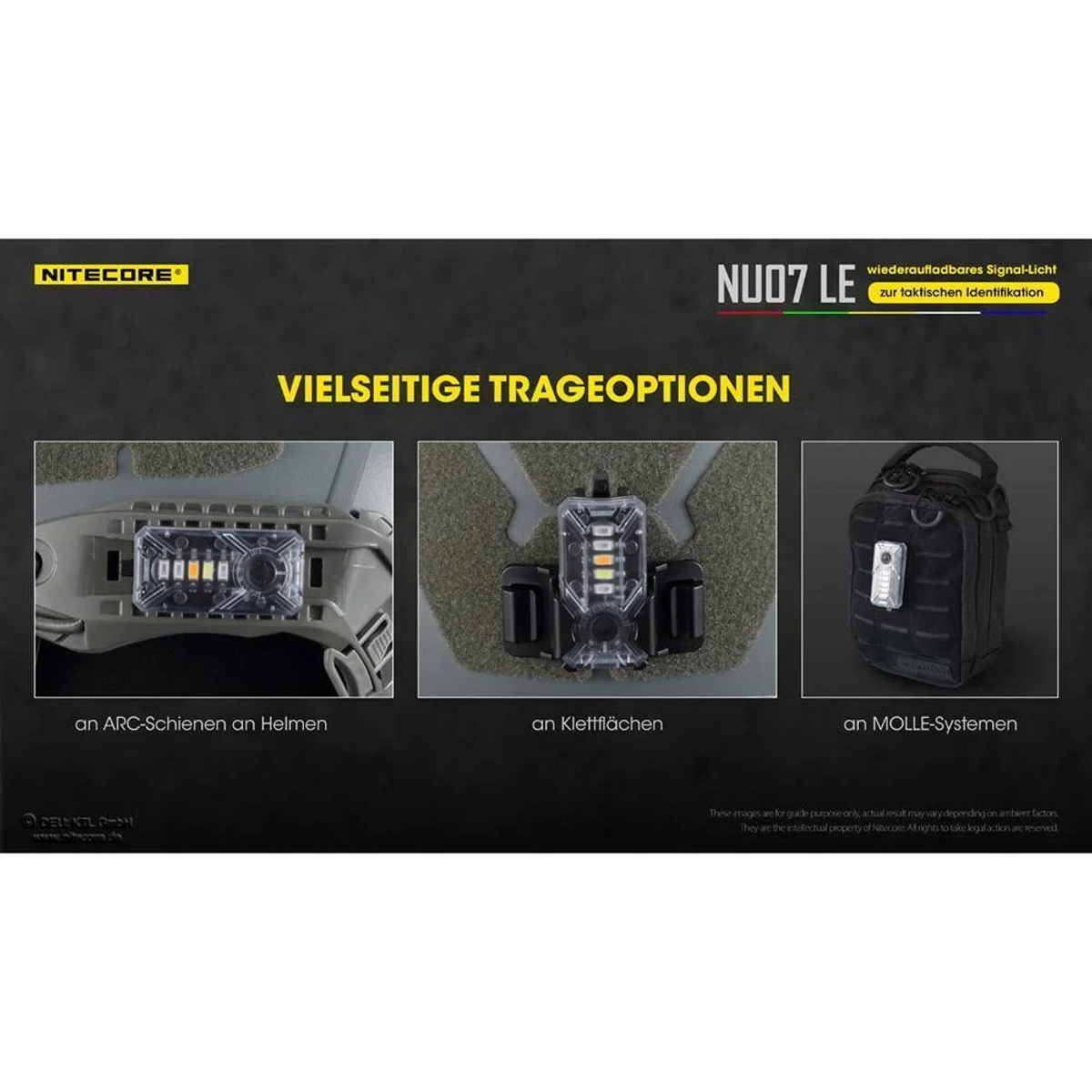 Nitecore NU07 LE Signalleuchte, die verschiedene Befestigungsmöglichkeiten zeigt.