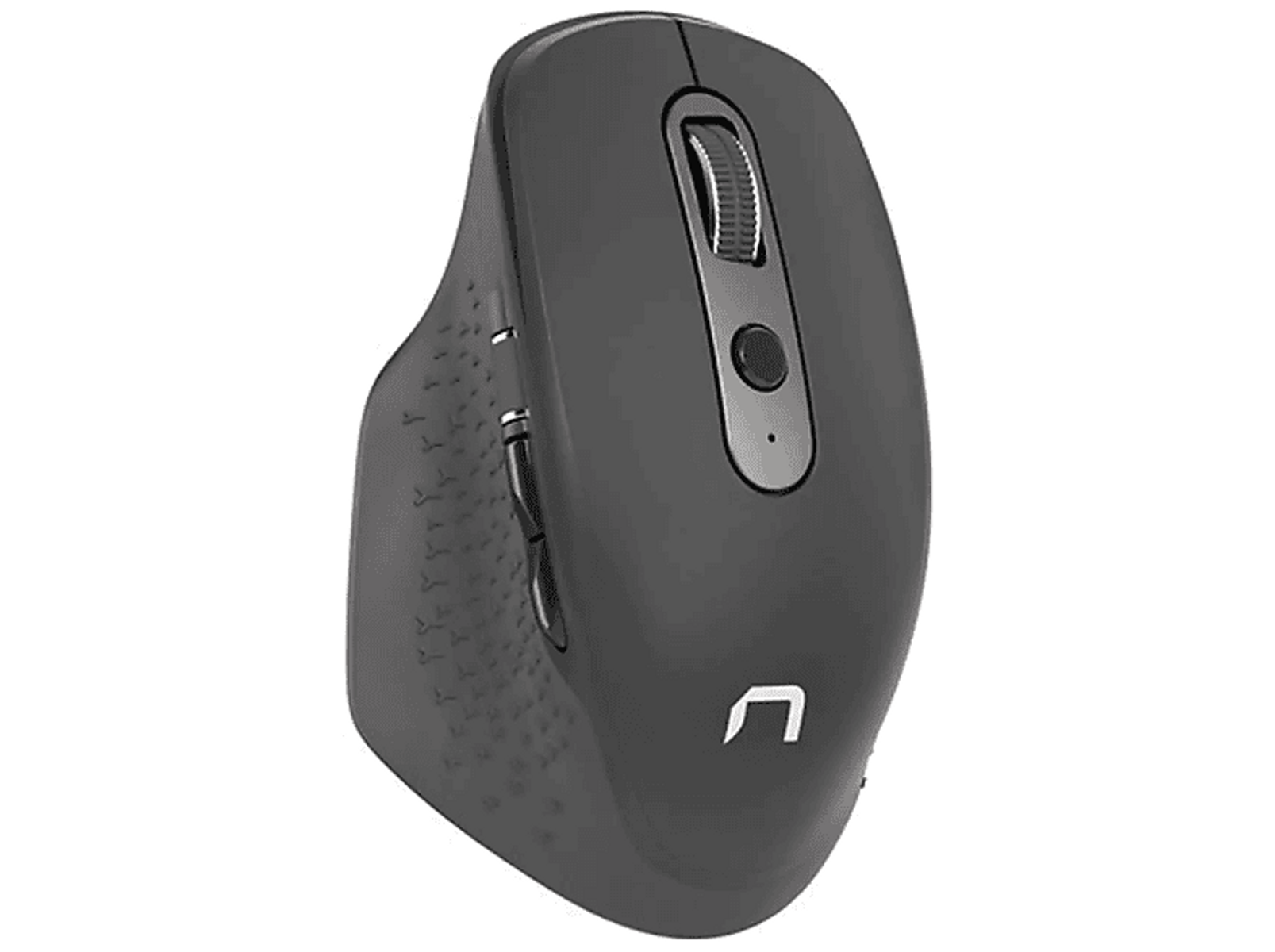 Ergonomiczna mysz komputerowa w kolorze ciemnoszarym z kółkiem przewijania i przyciskami bocznymi, logo 'n'.