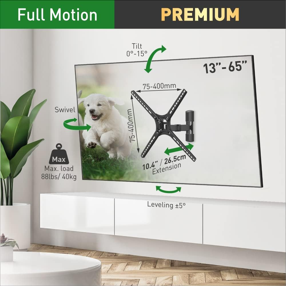 Un téléviseur monté sur un mur blanc à l'aide d'un support à mouvement complet noir. Montre les fonctions d'inclinaison, de pivotement et de nivellement.