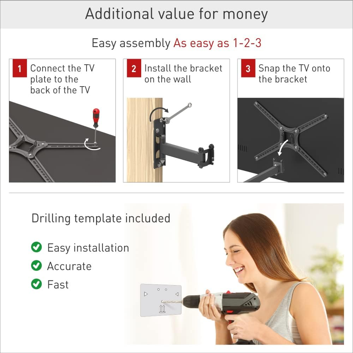 Diagramme montrant les étapes de montage du téléviseur. Inclut une femme utilisant une perceuse.