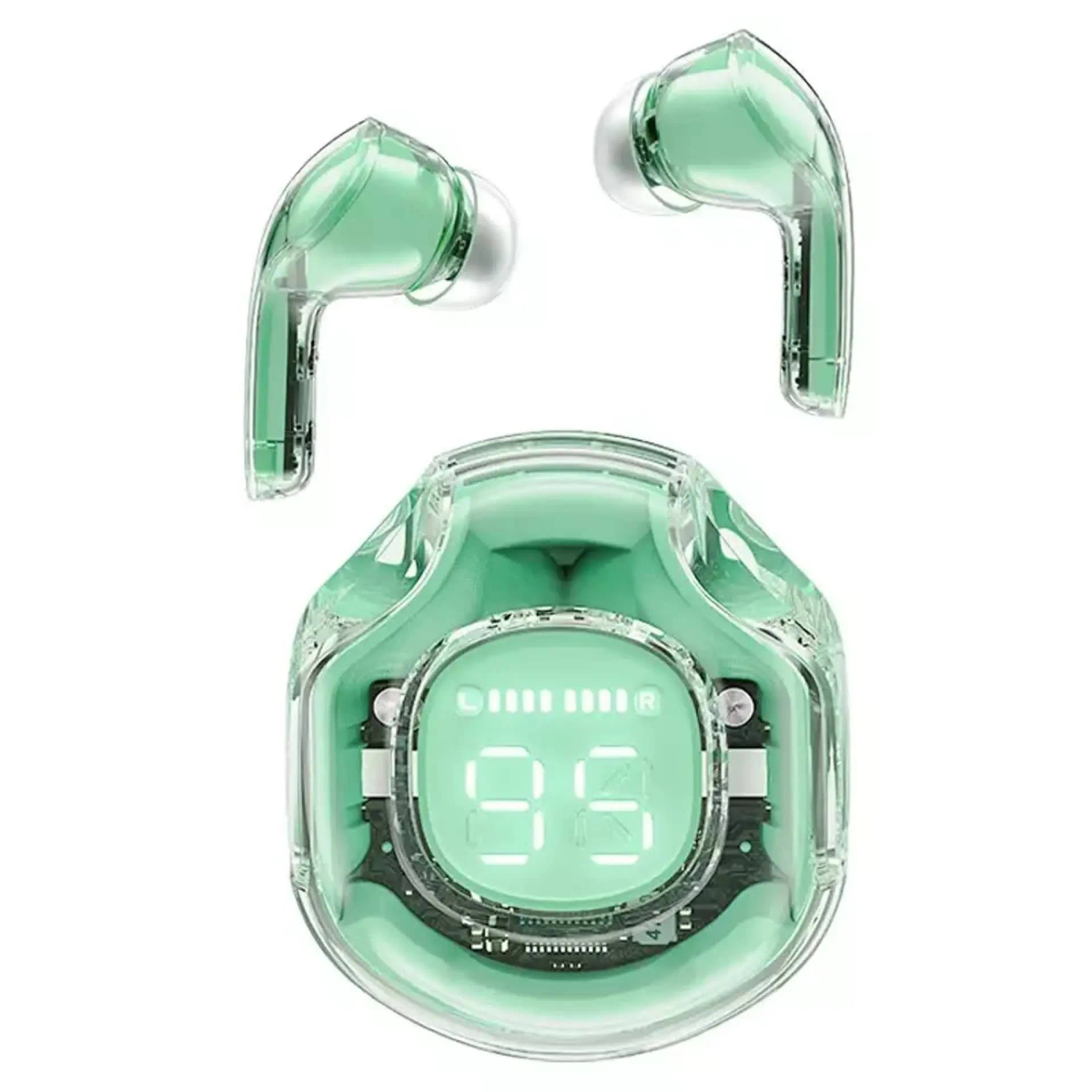 Auricolari wireless trasparenti verdi con custodia di ricarica e display.