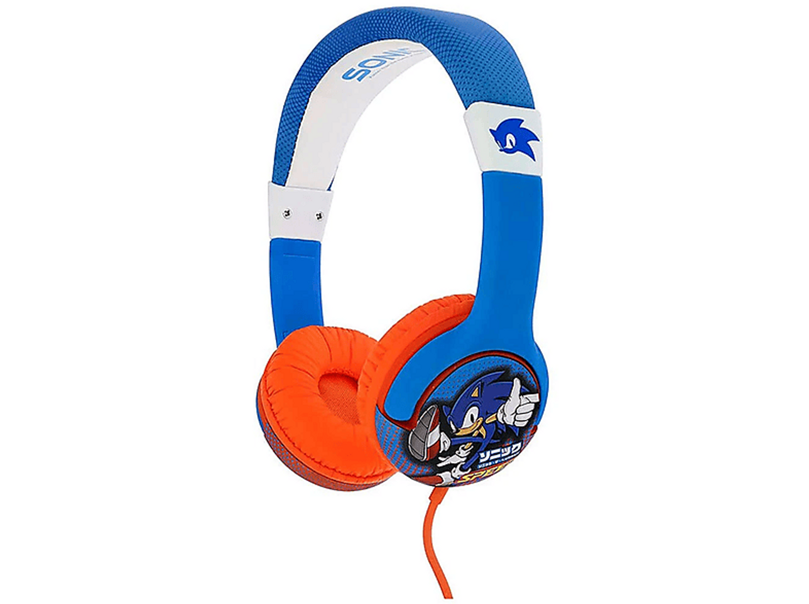 Niebiesko-pomarańczowe słuchawki Sonic. Mają logo Sonic i obrazek z kreskówki.