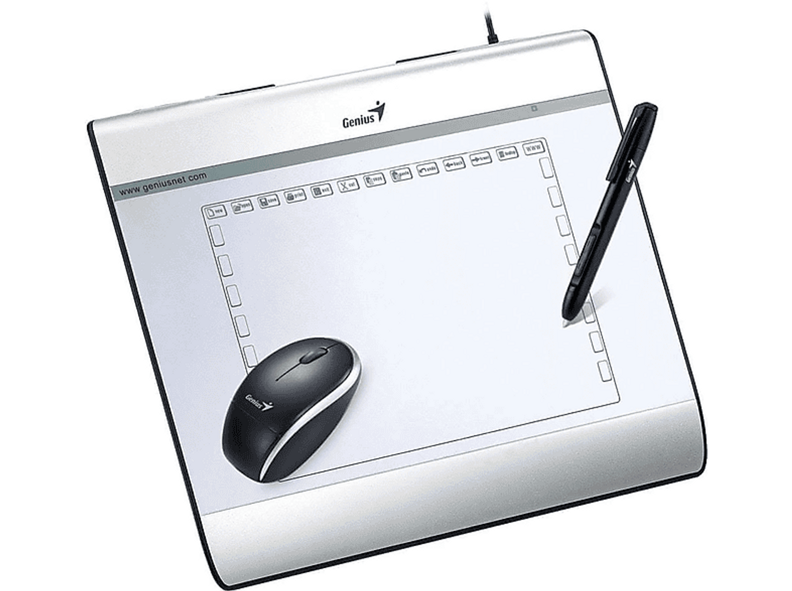 Genius Zeichentablett mit Stift und Maus. Das Tablet ist silberfarben.