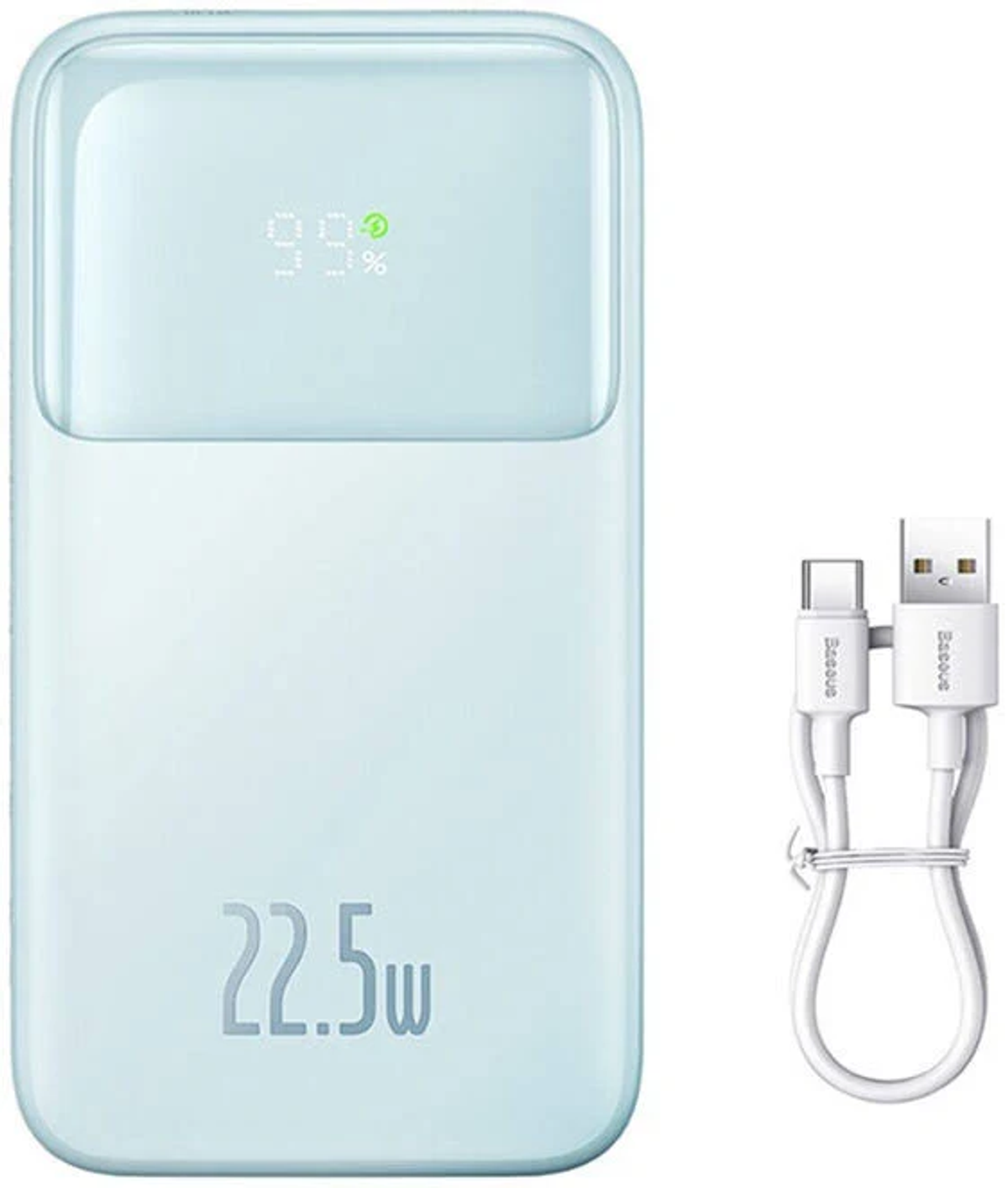 Jasnoniebieski power bank z wyświetlaczem pokazującym 99%. Posiada kabel USB-C i USB-A.