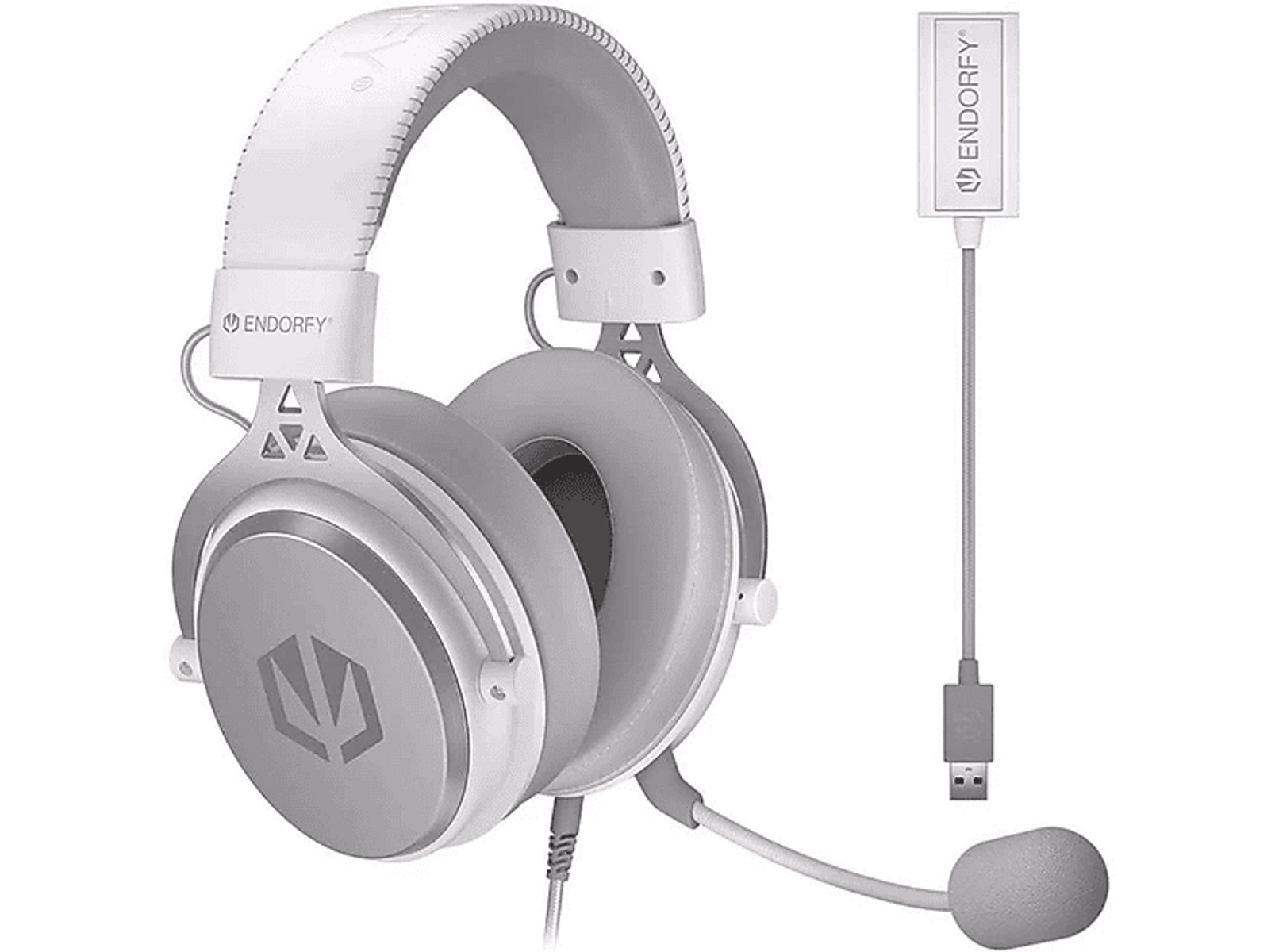 Biało-szary zestaw słuchawkowy dla graczy z mikrofonem i adapterem USB.