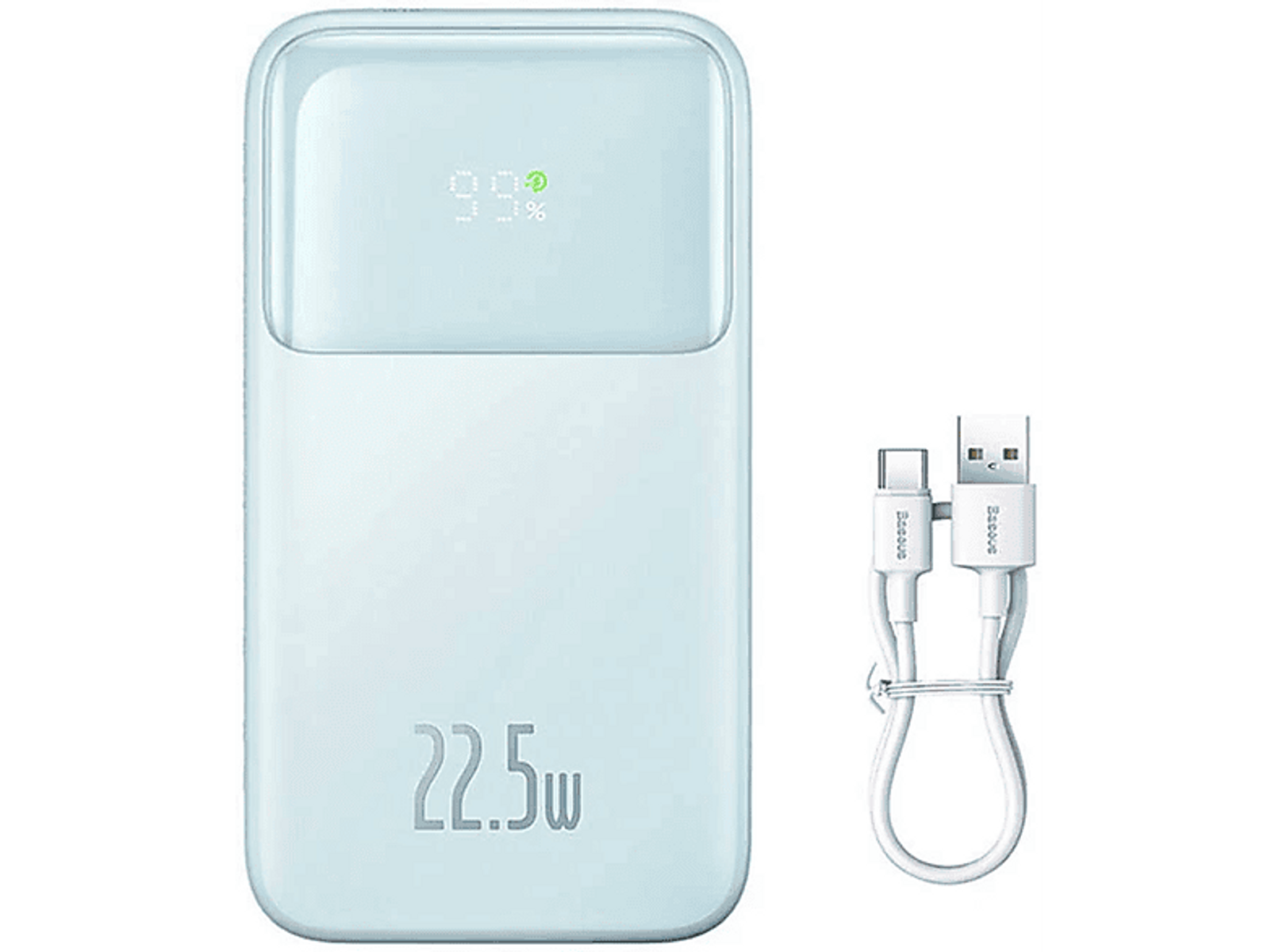 Biały power bank z cyfrowym wyświetlaczem pokazującym 99%. Napis 22,5W.