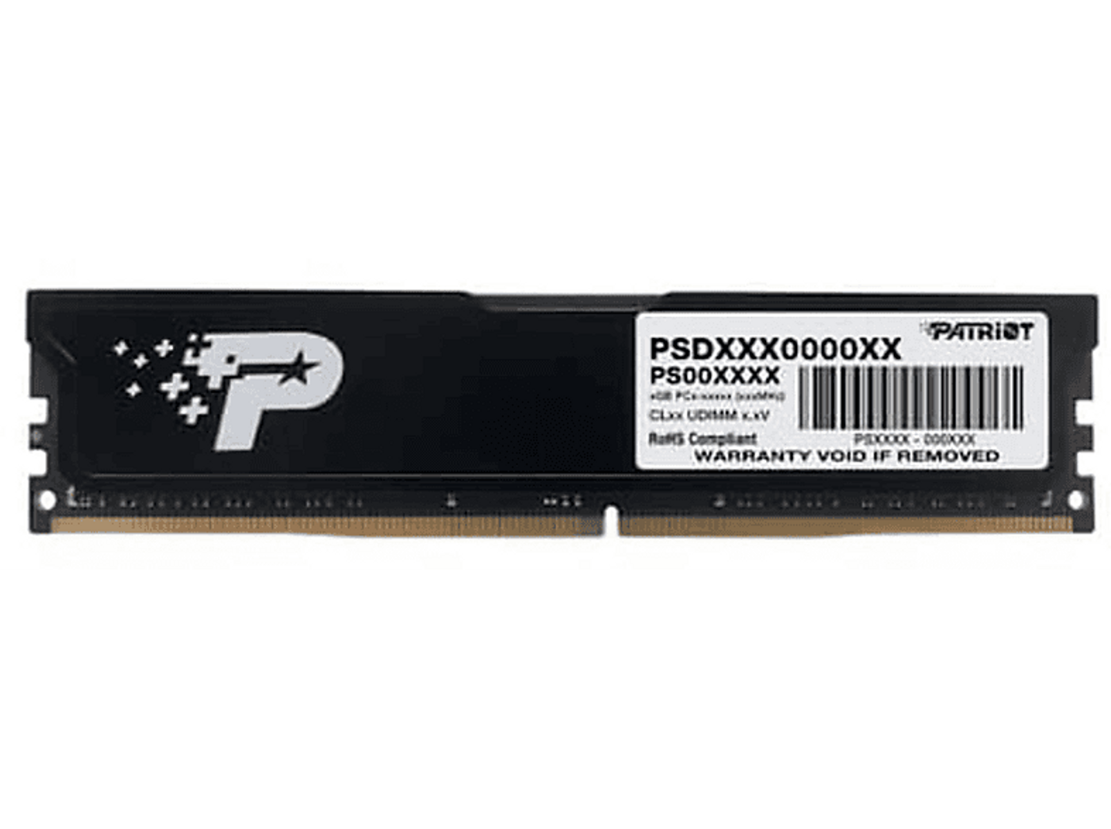 Czarny moduł RAM Patriot z białym logo i tekstem, czarne tło.