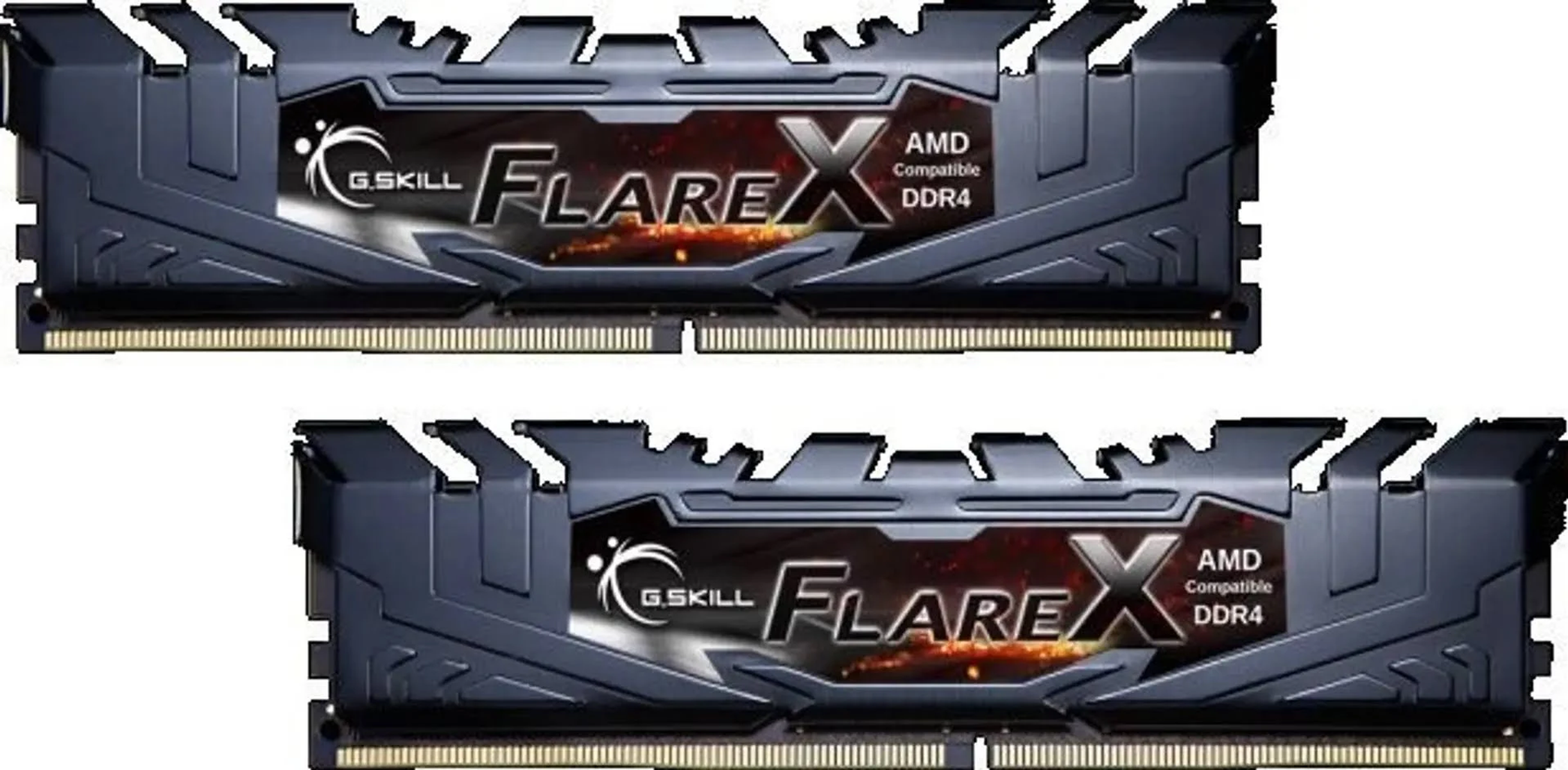 Dwa czarne moduły RAM z napisem "Flare X" na białym tle.