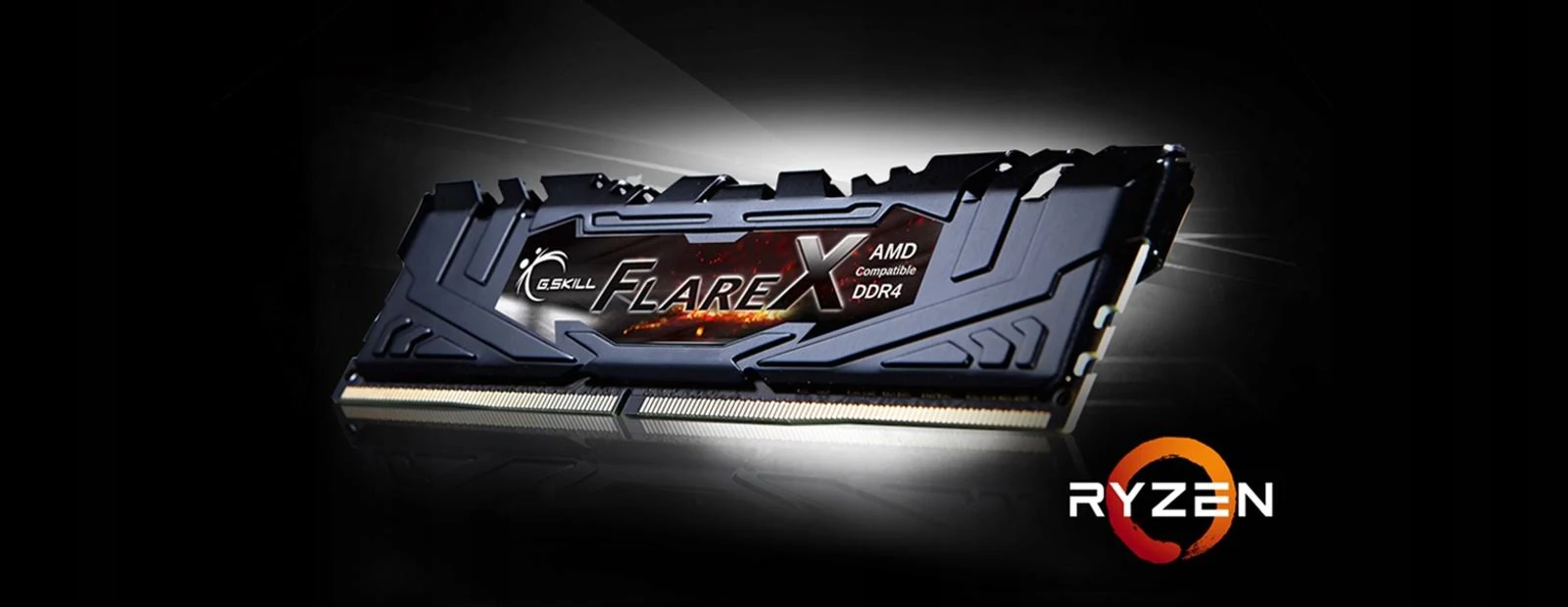 Czarny moduł RAM z logo G.Skill Flare X i marką Ryzen, na ciemnym tle.