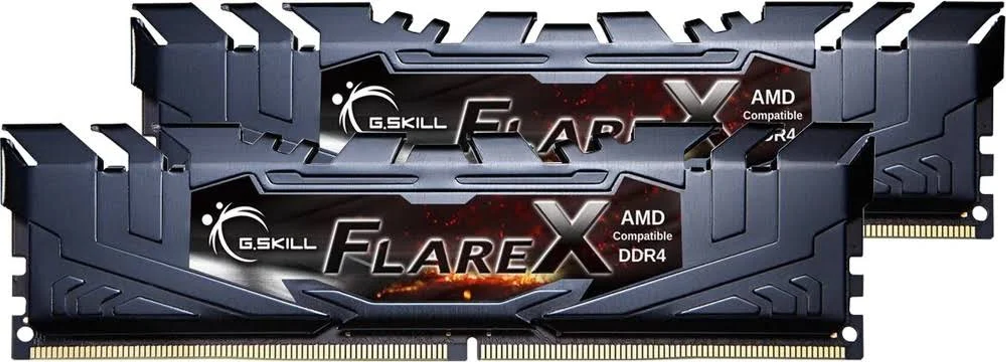 Dwa czarne moduły pamięci RAM G.Skill Flare X DDR4. Tło jest białe.