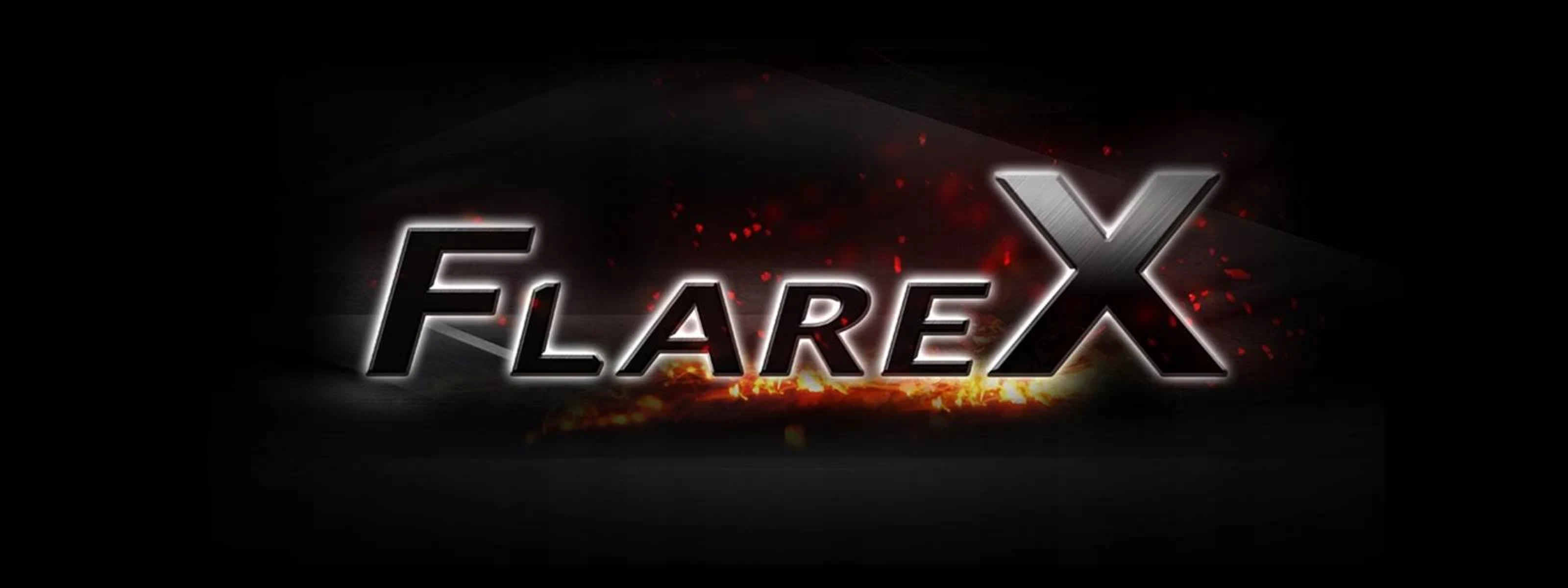 Logo Flare X na czarnym tle z efektami ognia i białym tekstem.