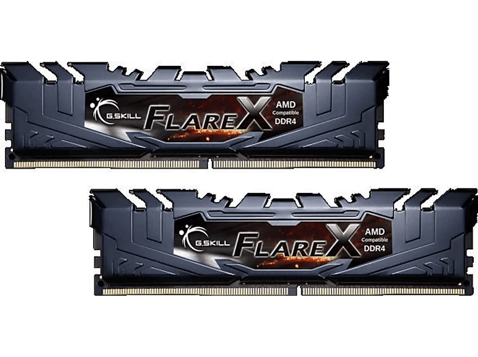 Dwa czarne moduły RAM G.Skill Flare X DDR4 z pomarańczowymi akcentami.