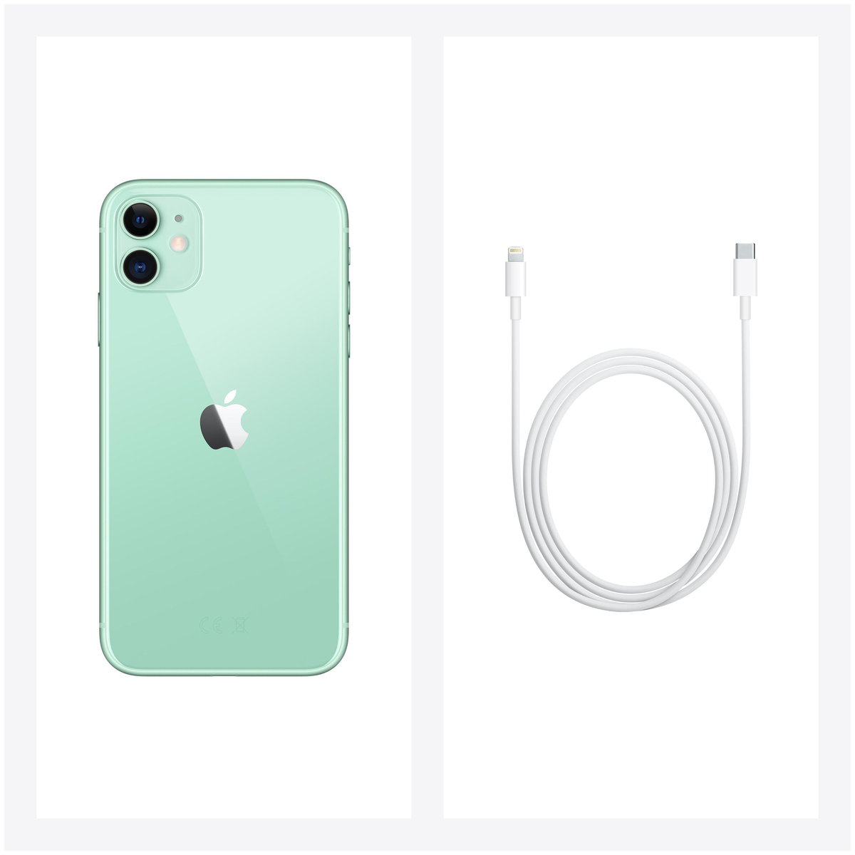 Miętowy iPhone 11 i biały kabel ładujący ze złączem USB-C.