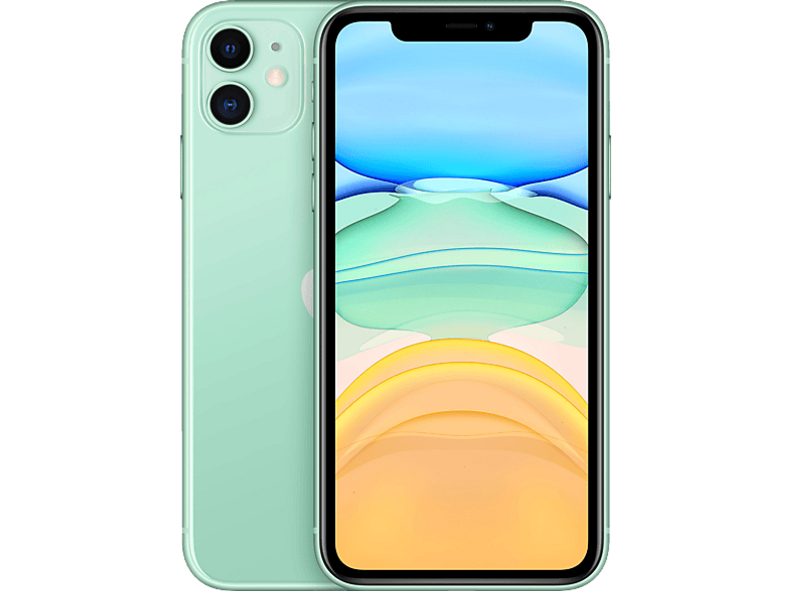 Zielony iPhone 11, widoczne dwa aparaty z tyłu. Ekran z niebieską tapetą.