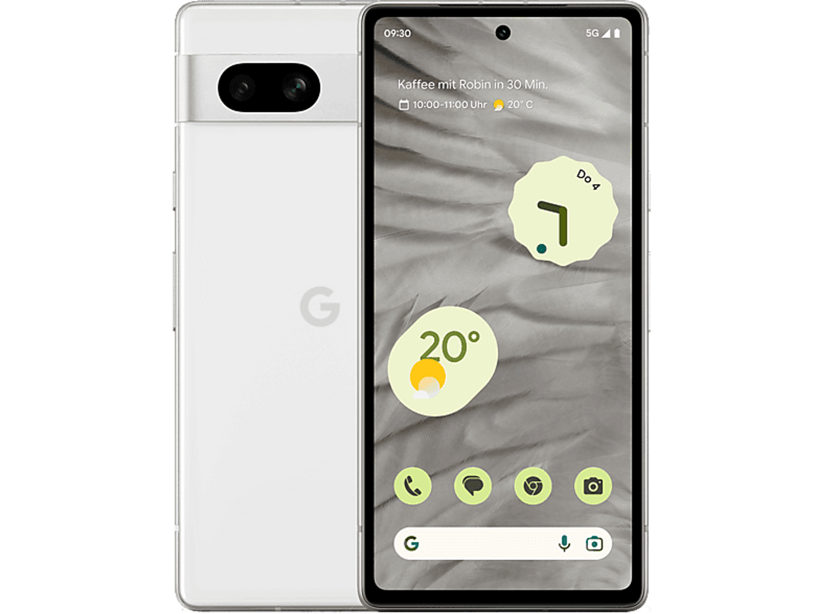 Biały telefon Google Pixel 7, widok z przodu i z tyłu. Wyświetlacz pokazuje ikony aplikacji i czas.