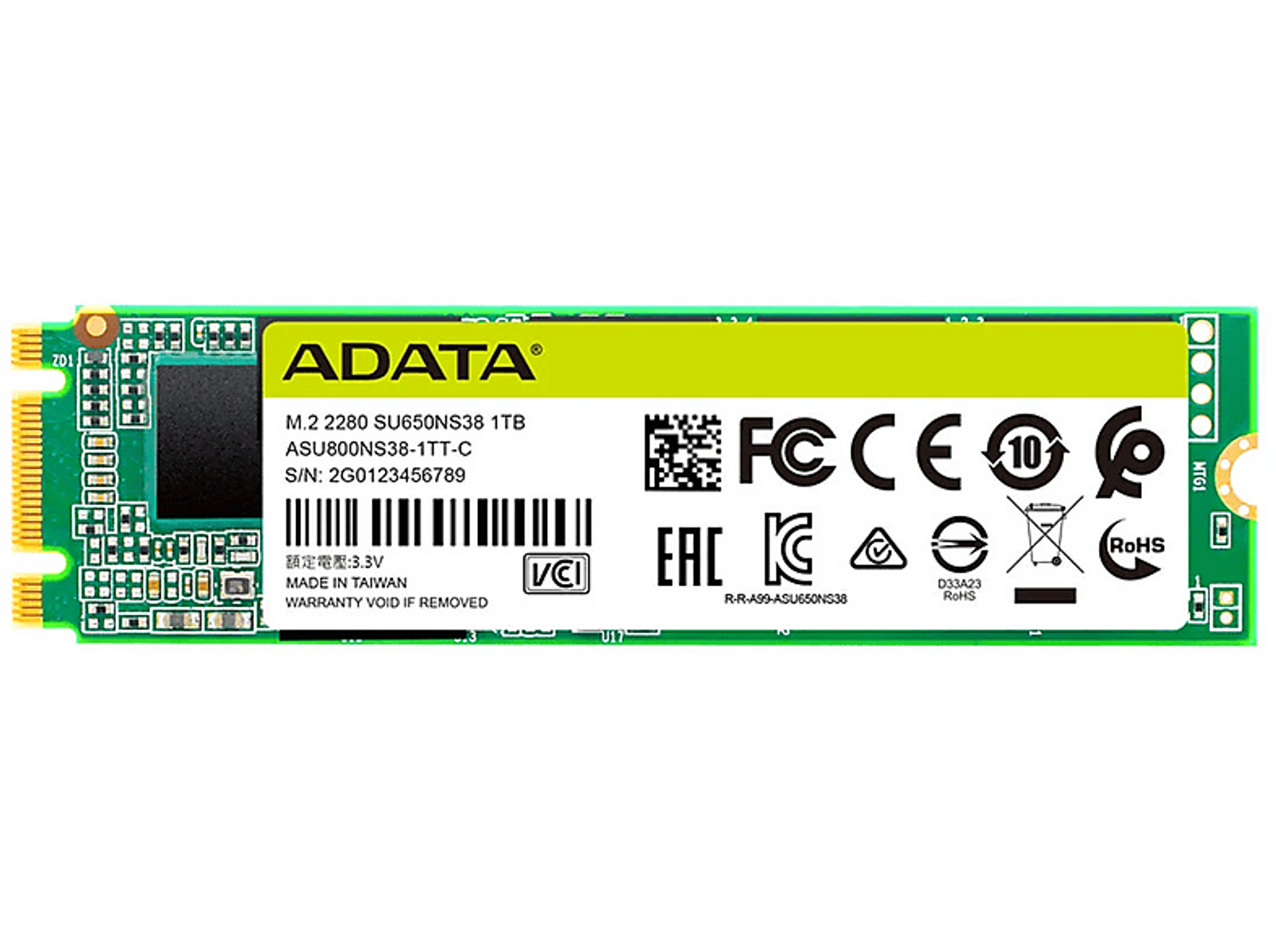 SSD ADATA, circuito stampato verde con informazioni sul prodotto e una varietà di loghi.