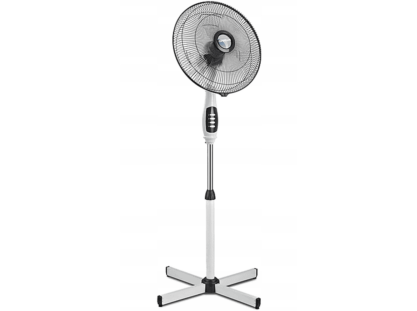 Ventilatore a piantana bianco e nero con testa rotonda e base a croce, sfondo bianco.