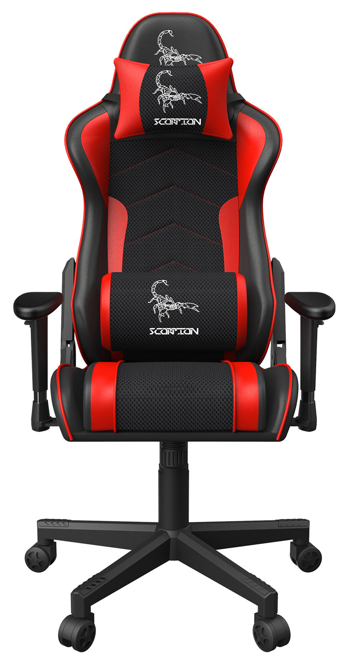Schwarzer und roter Gaming-Stuhl mit Skorpion-Logo, isoliert auf weißem Hintergrund.