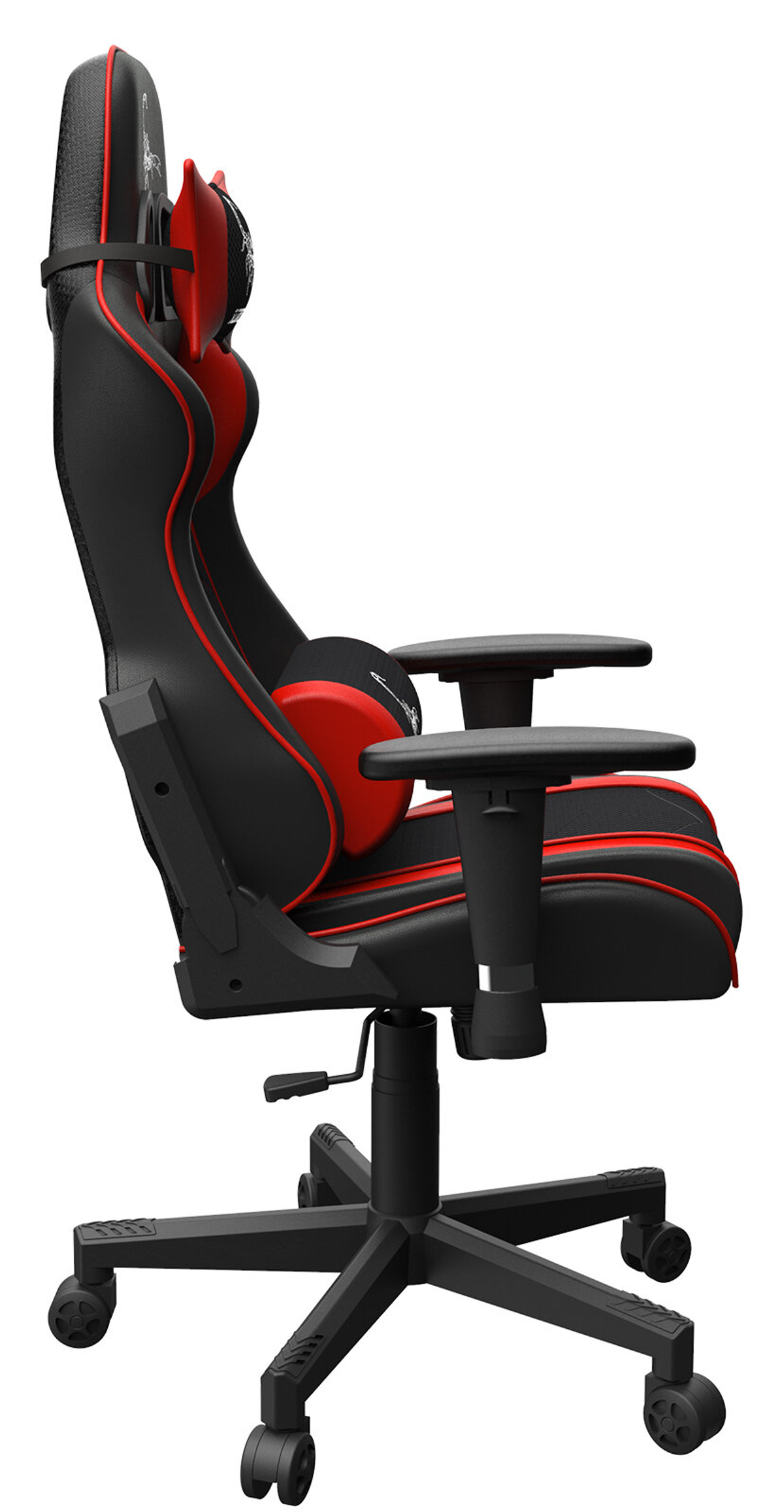 Schwarzer und roter Gaming-Stuhl mit Kopfstütze, Seitenansicht, weißer Hintergrund.