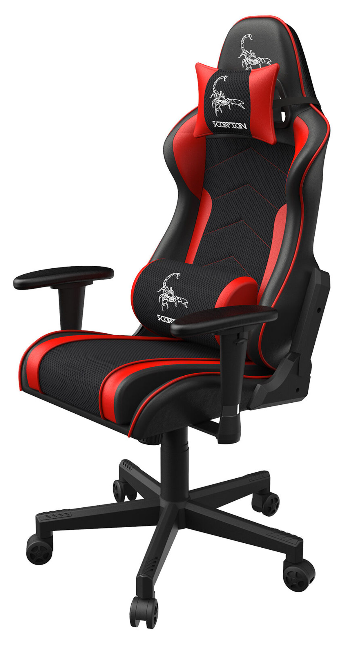 Ein schwarz-roter Gaming-Stuhl mit einem Skorpion-Logo auf Kopf- und Rückenlehne.