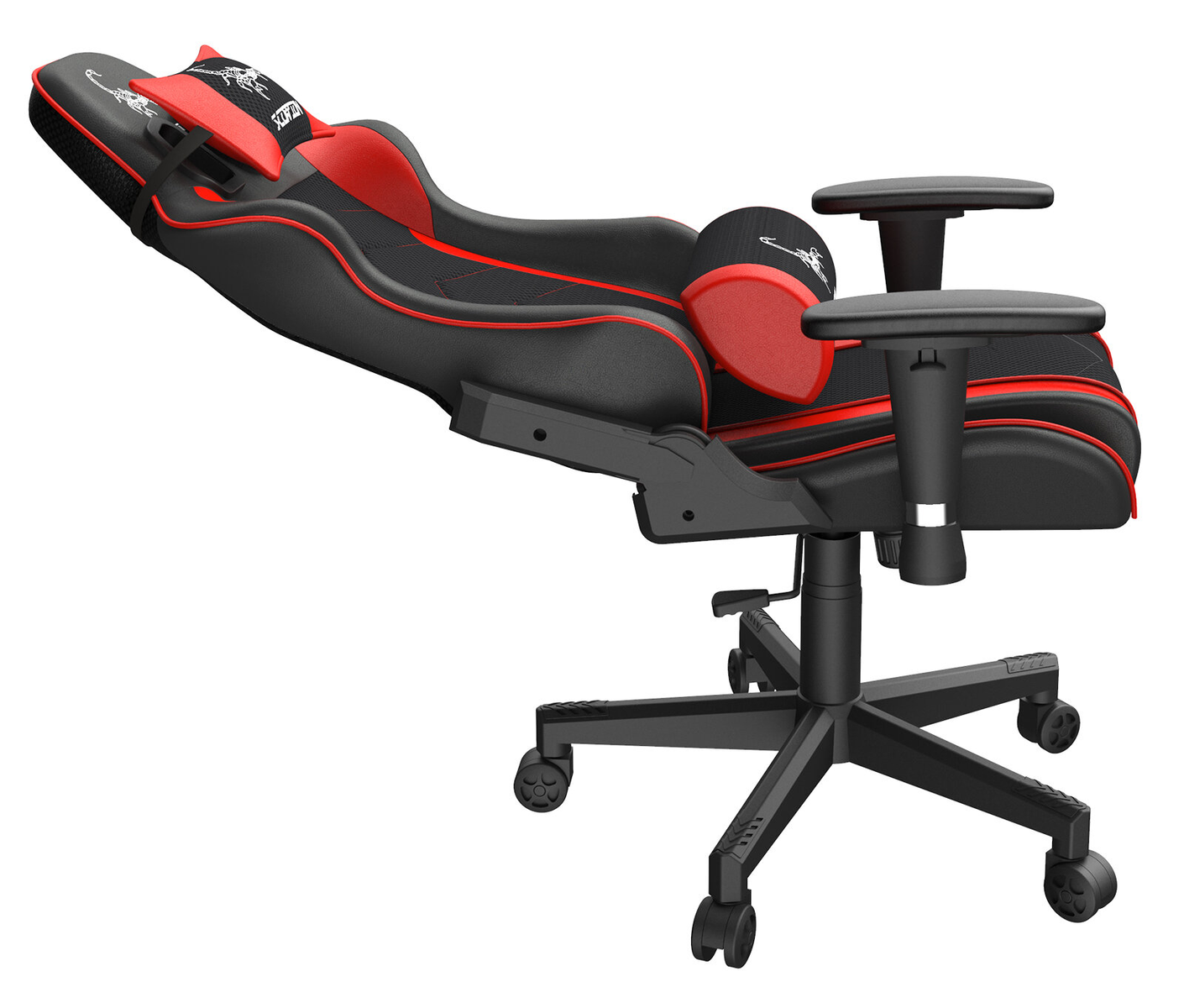 Ein schwarz-roter Gaming-Stuhl mit Kopfstütze und Armlehnen.